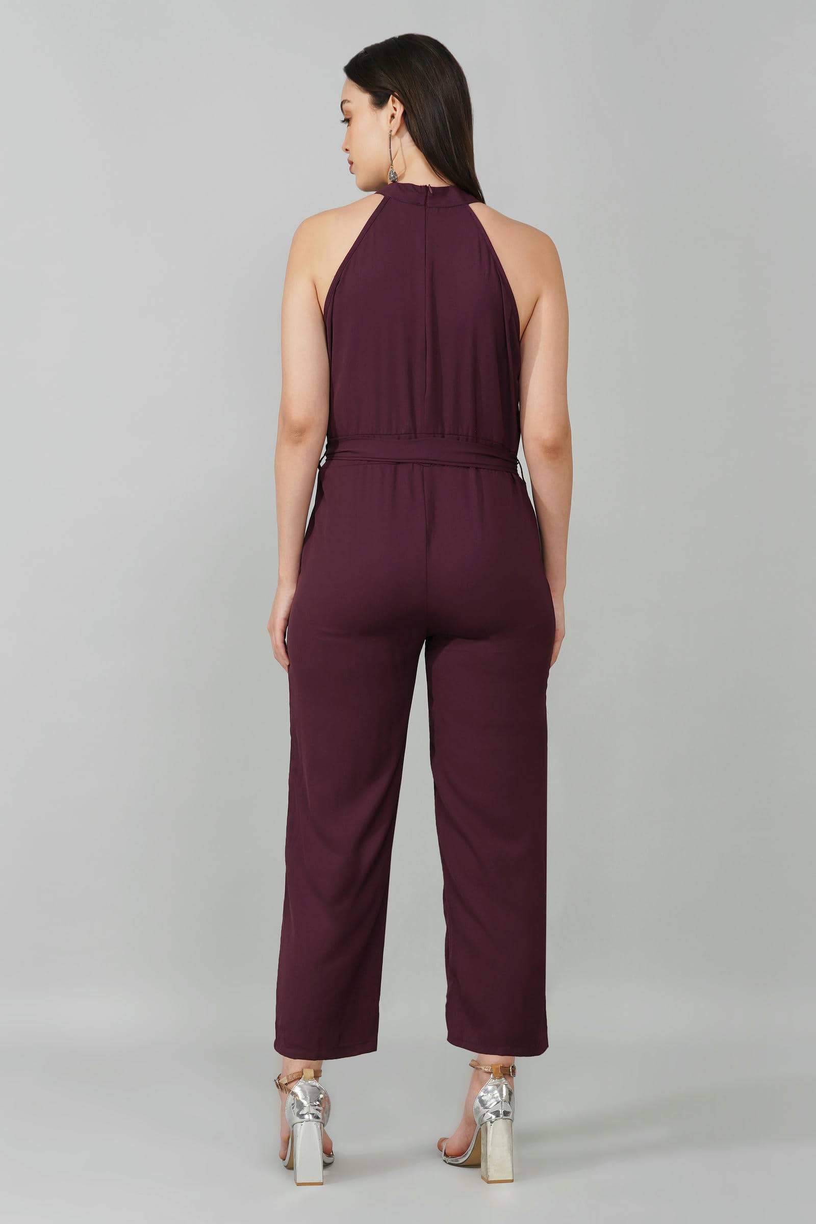 Wine High Neck Belted Jumpsuit