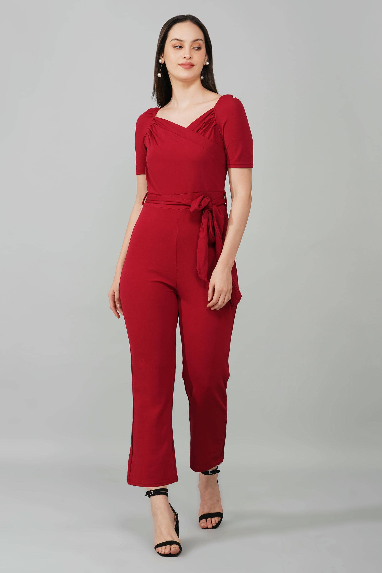 Burgundy Puff-Sleeve Wrap Jumpsuit