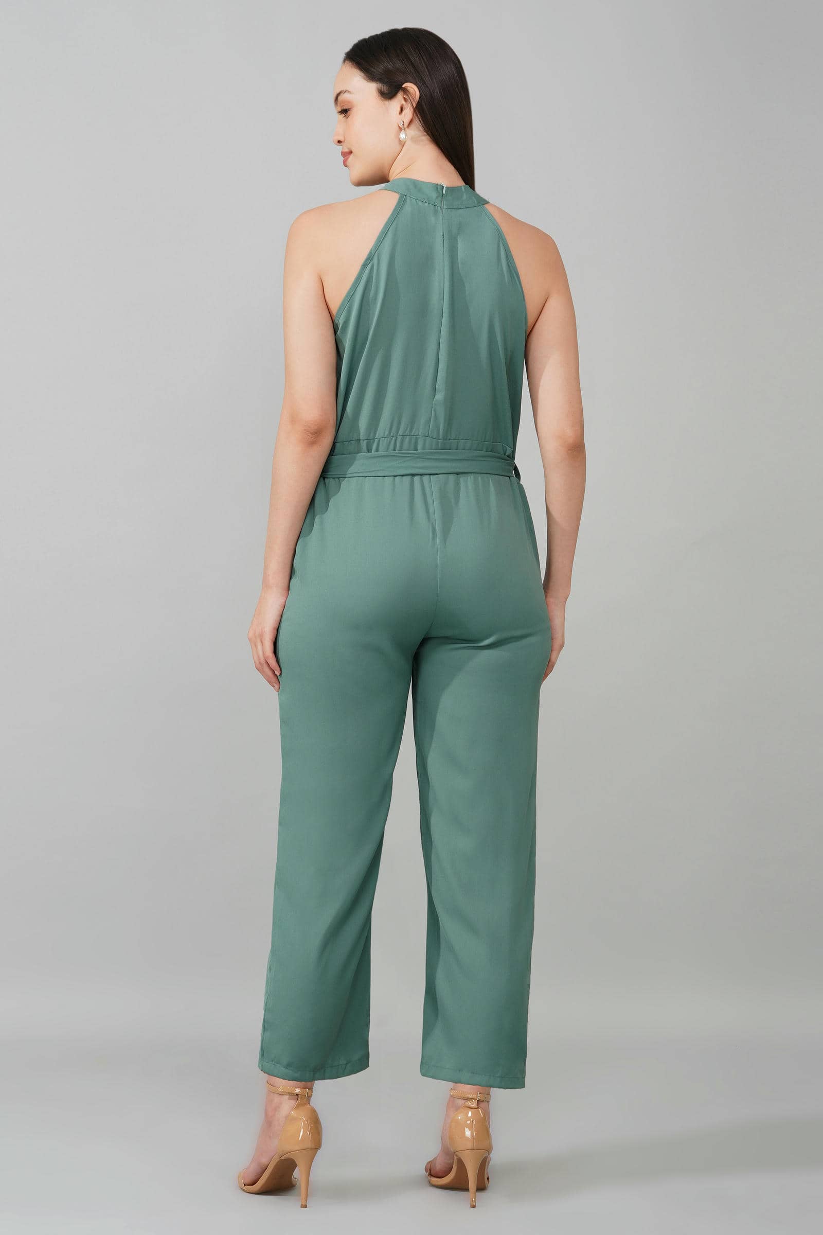 Teal High Neck Belted Jumpsuit