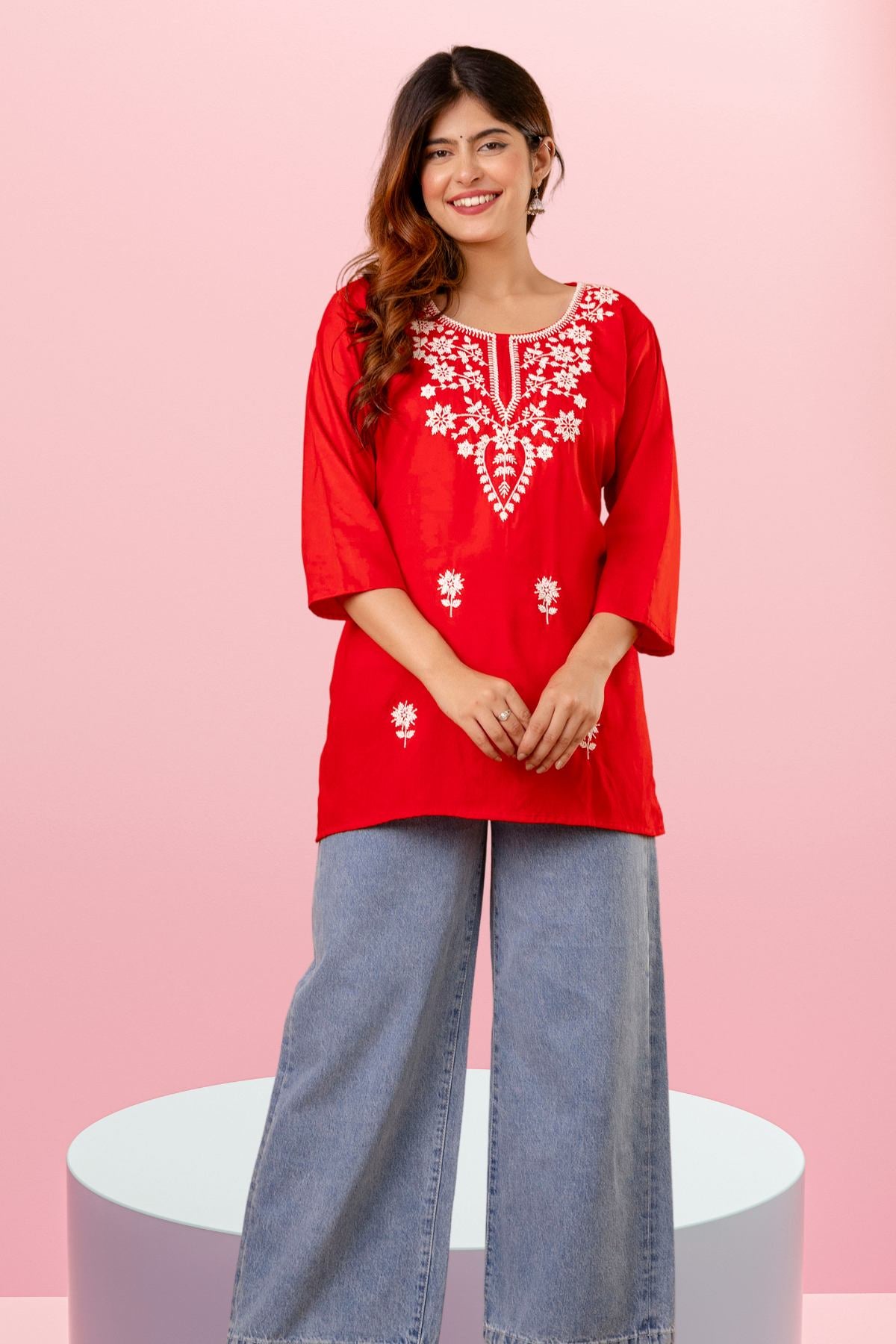 Red Floral Embroidered Short Kurti