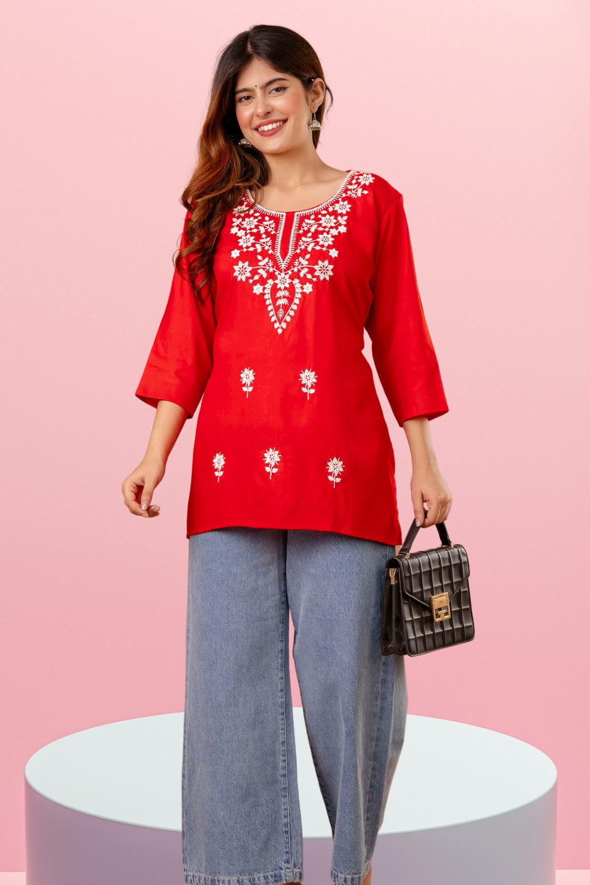 Red Floral Embroidered Short Kurti