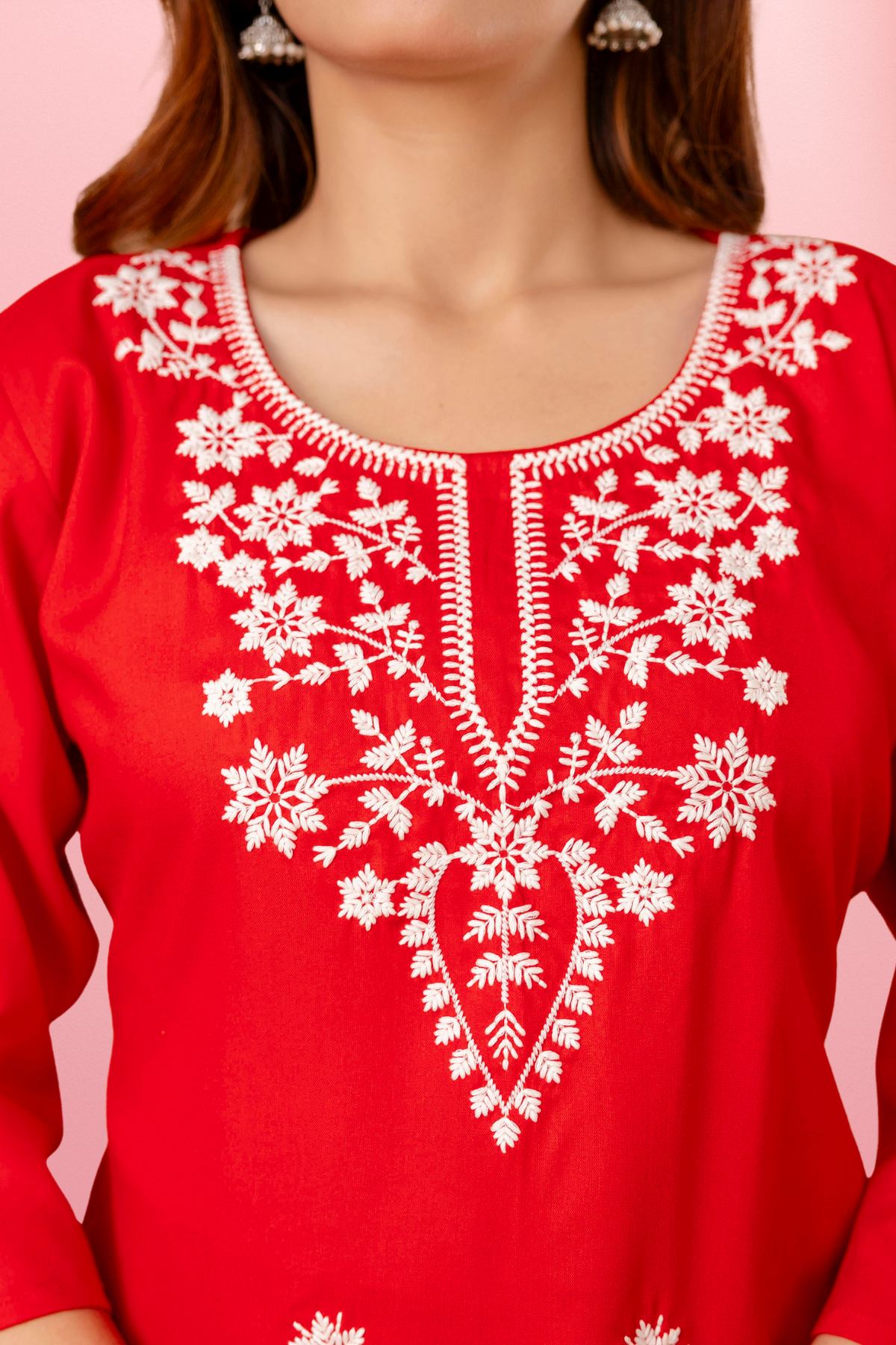 Red Floral Embroidered Short Kurti