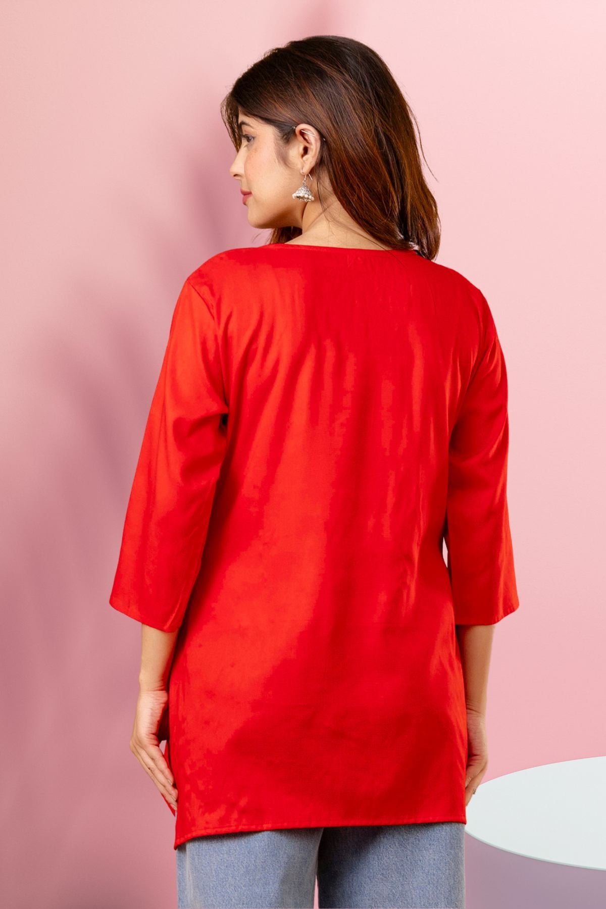 Red Floral Embroidered Short Kurti