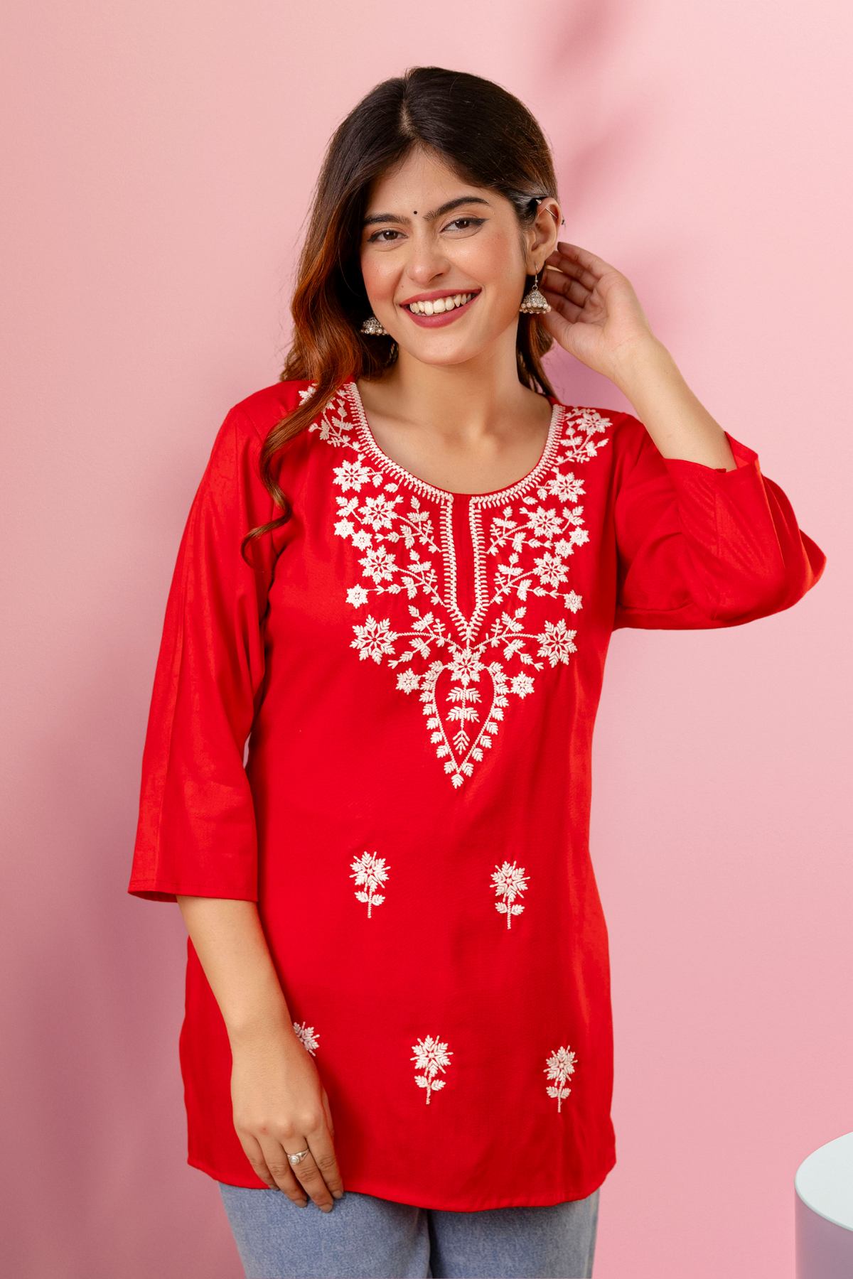 Red Floral Embroidered Short Kurti