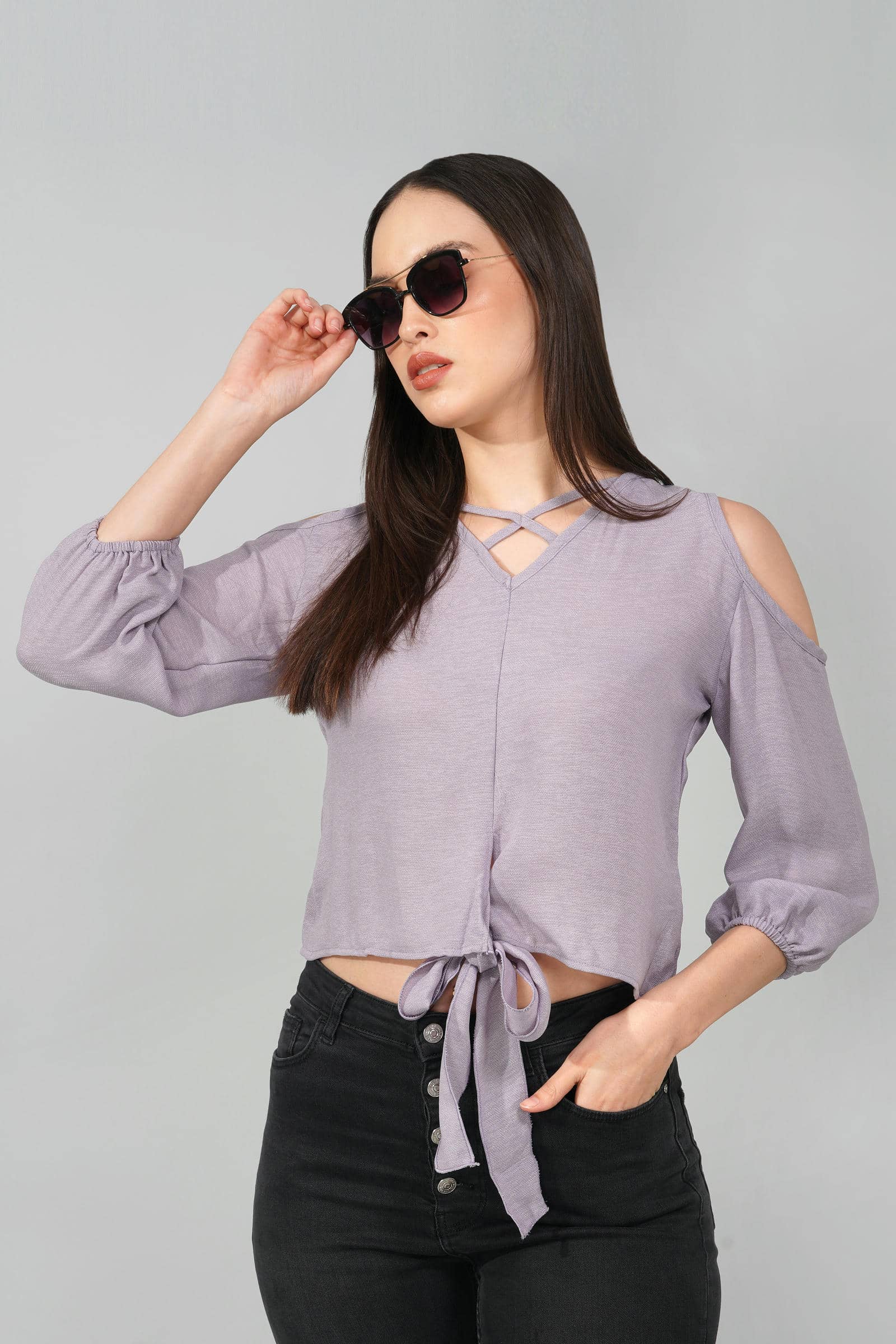 Lavender Cold Shoulder Tie-Front Top