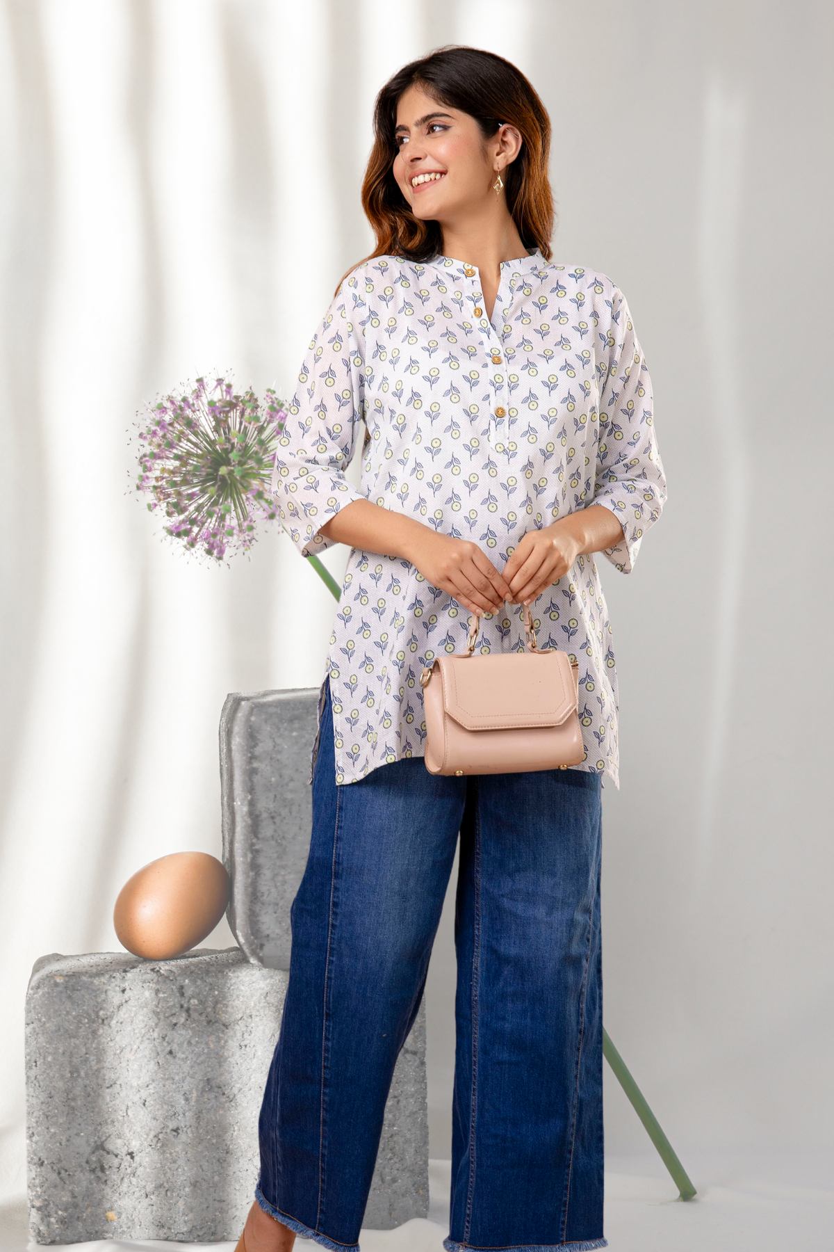 Ivory & Blue Floral Printed Short Kurti