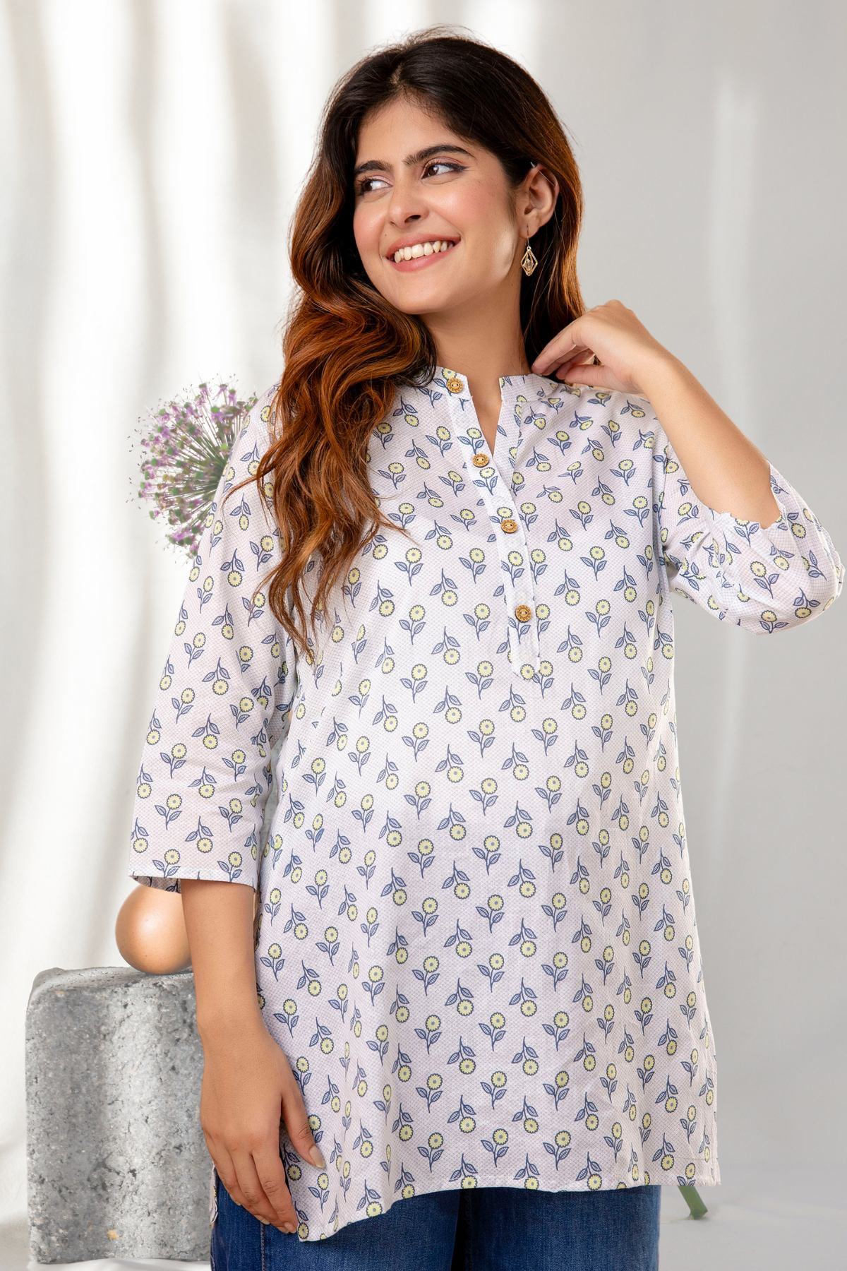Ivory & Blue Floral Printed Short Kurti
