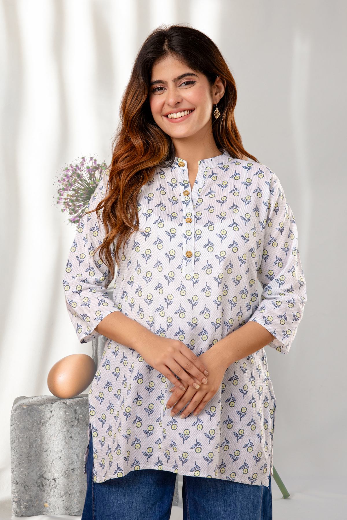Ivory & Blue Floral Printed Short Kurti