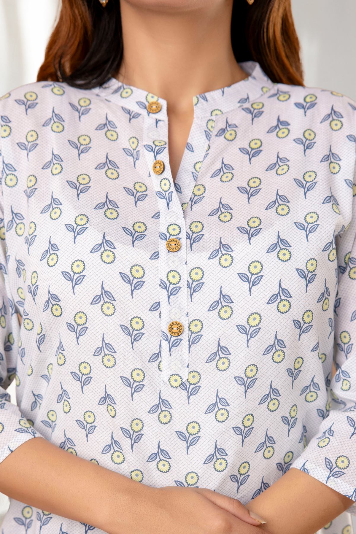 Ivory & Blue Floral Printed Short Kurti