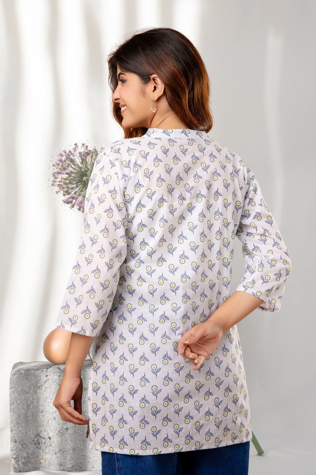 Ivory & Blue Floral Printed Short Kurti