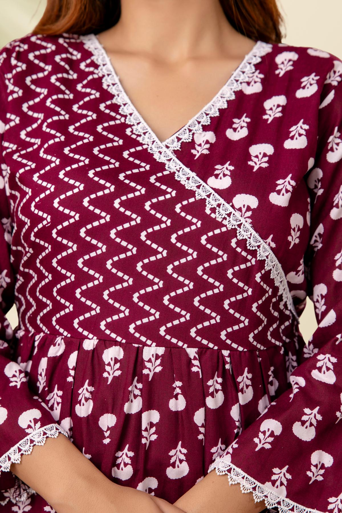 Maroon Angrakha-Style Printed Top