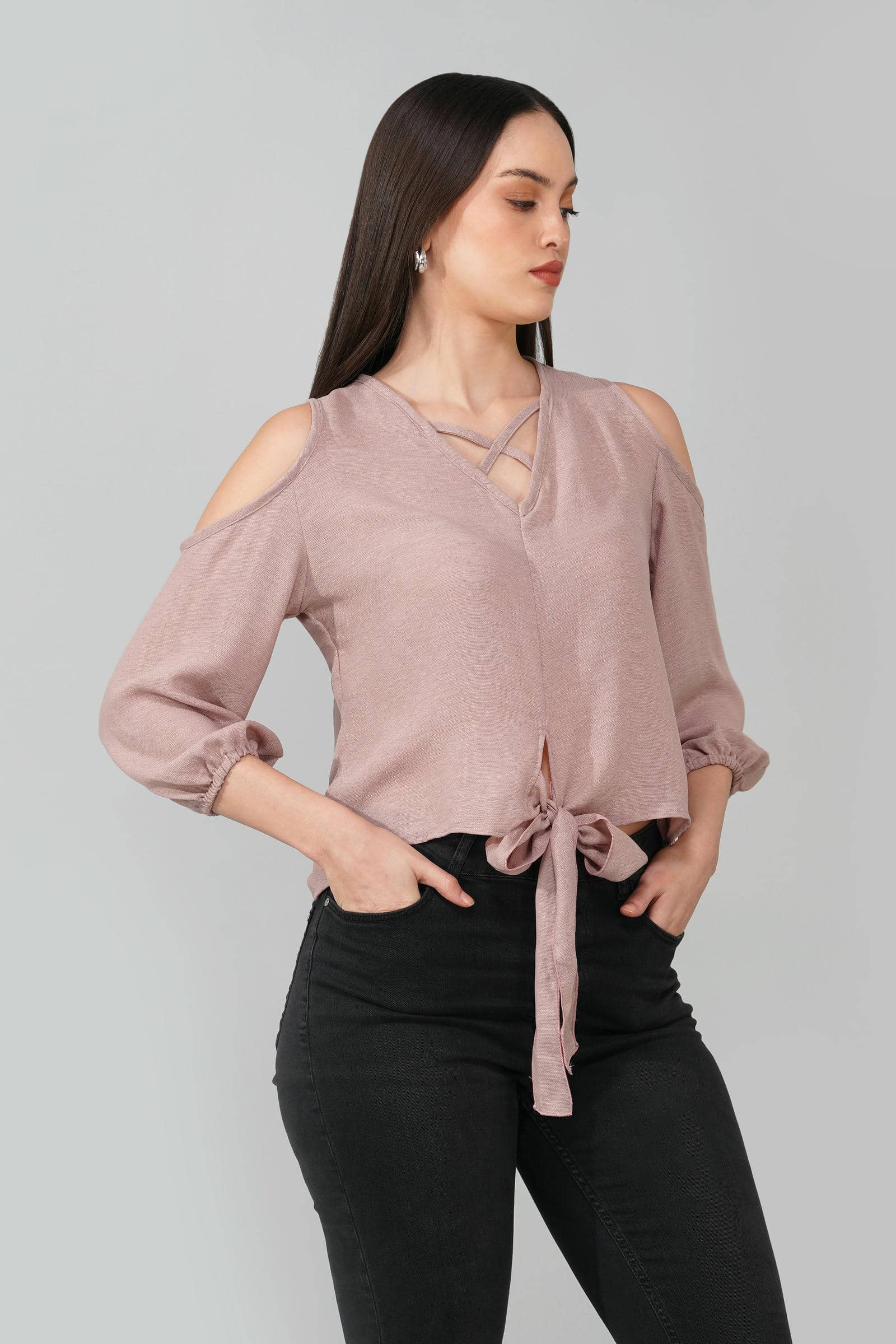 Dusty Pink Cold Shoulder Tie-Front Top
