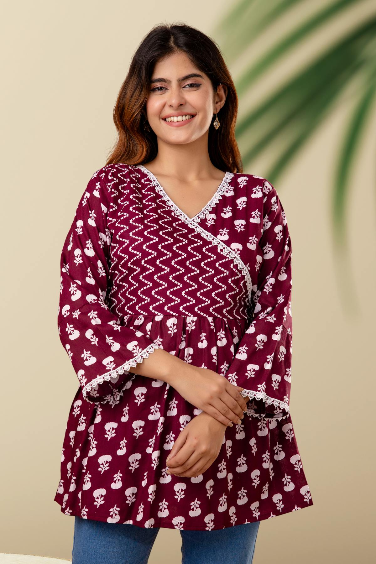 Maroon Angrakha-Style Printed Top