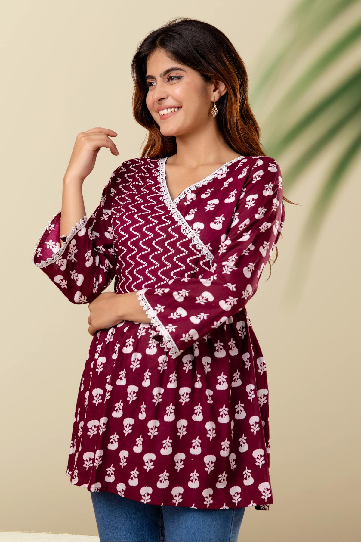 Maroon Angrakha-Style Printed Top