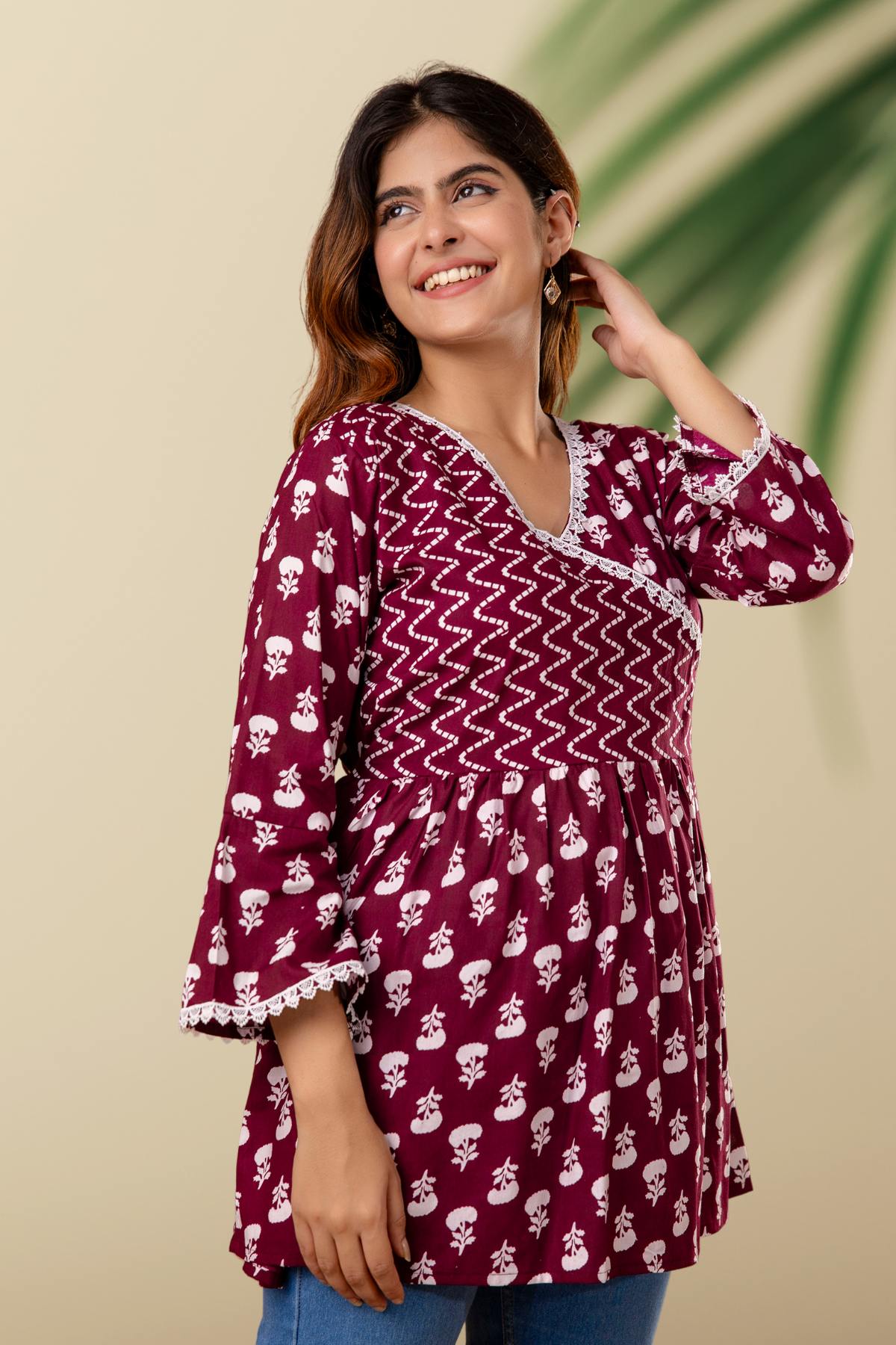 Maroon Angrakha-Style Printed Top
