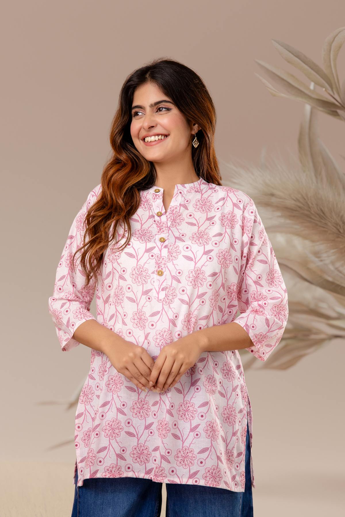 Pink Floral Straight-Fit Short Kurti