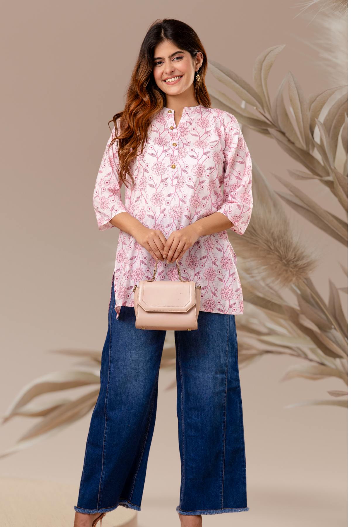 Pink Floral Straight-Fit Short Kurti
