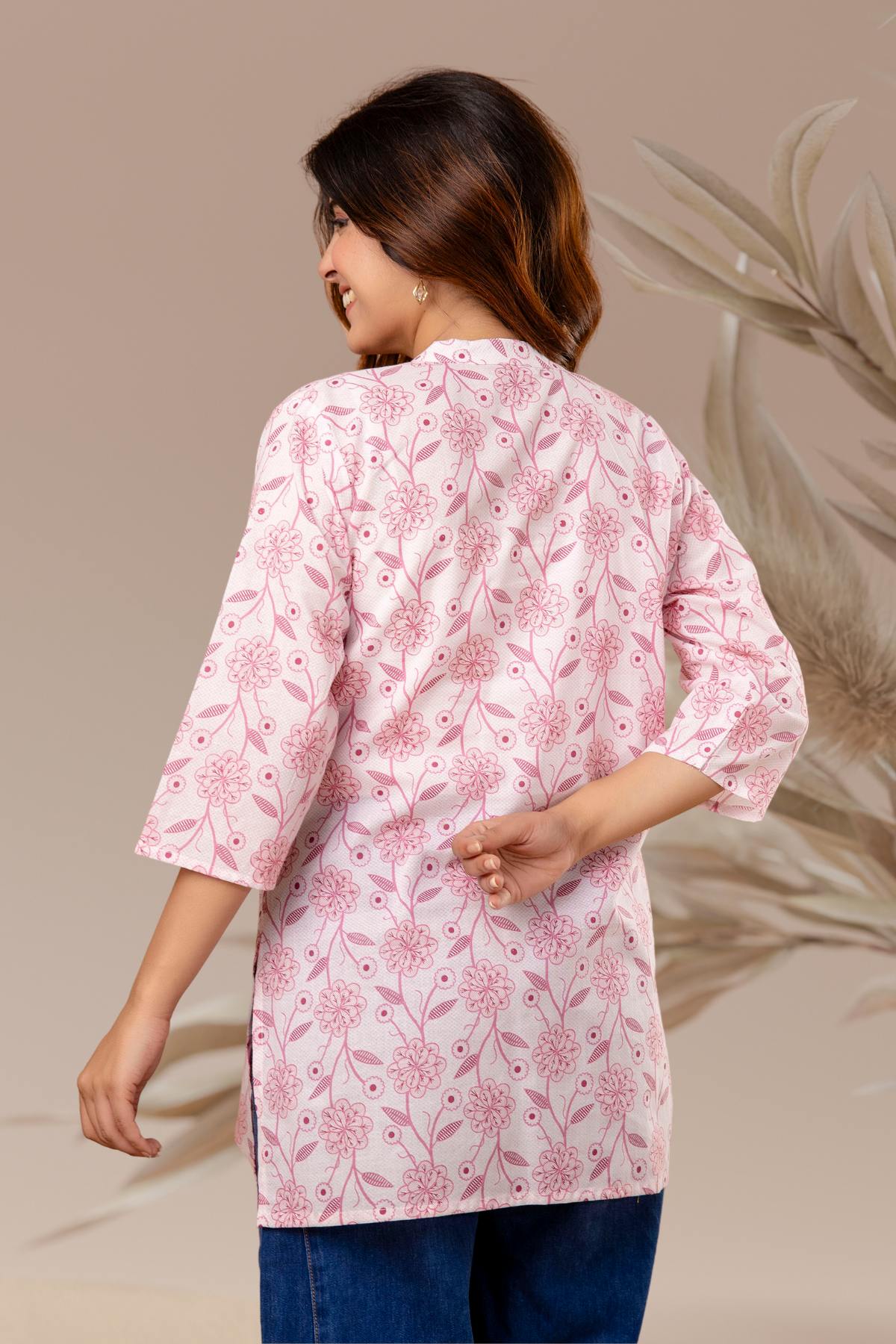 Pink Floral Straight-Fit Short Kurti
