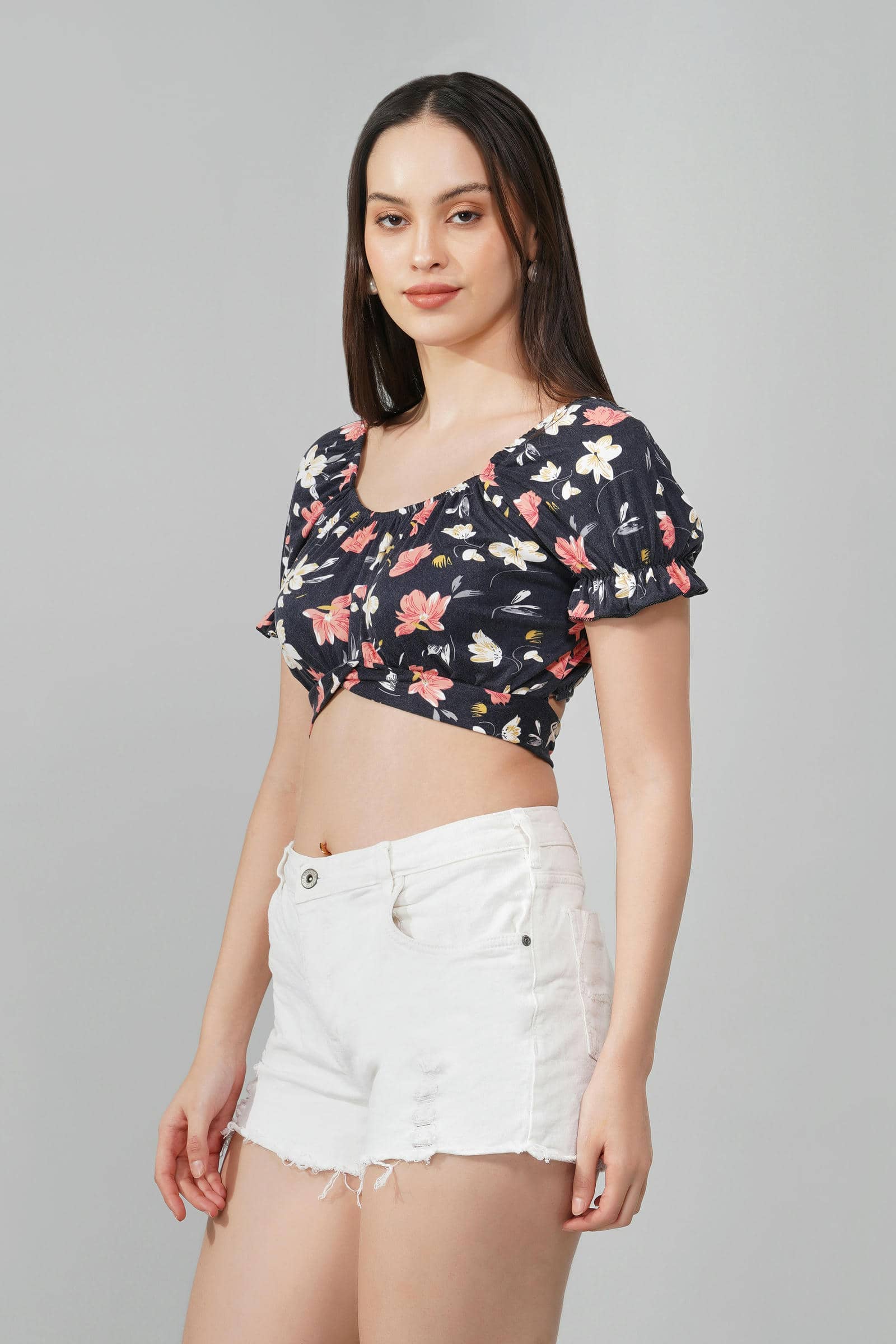Floral Puff-Sleeve Crop Top