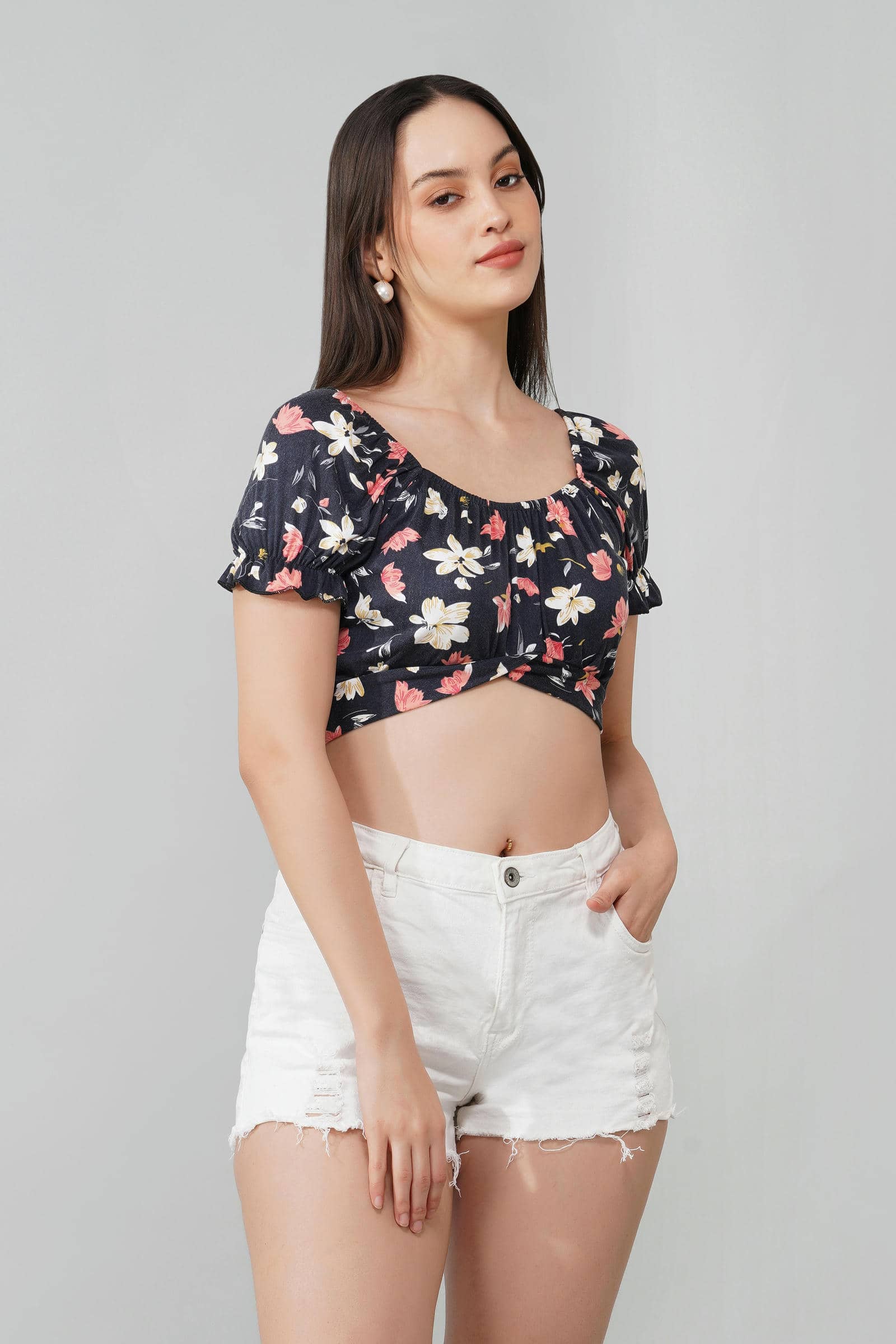 Floral Puff-Sleeve Crop Top