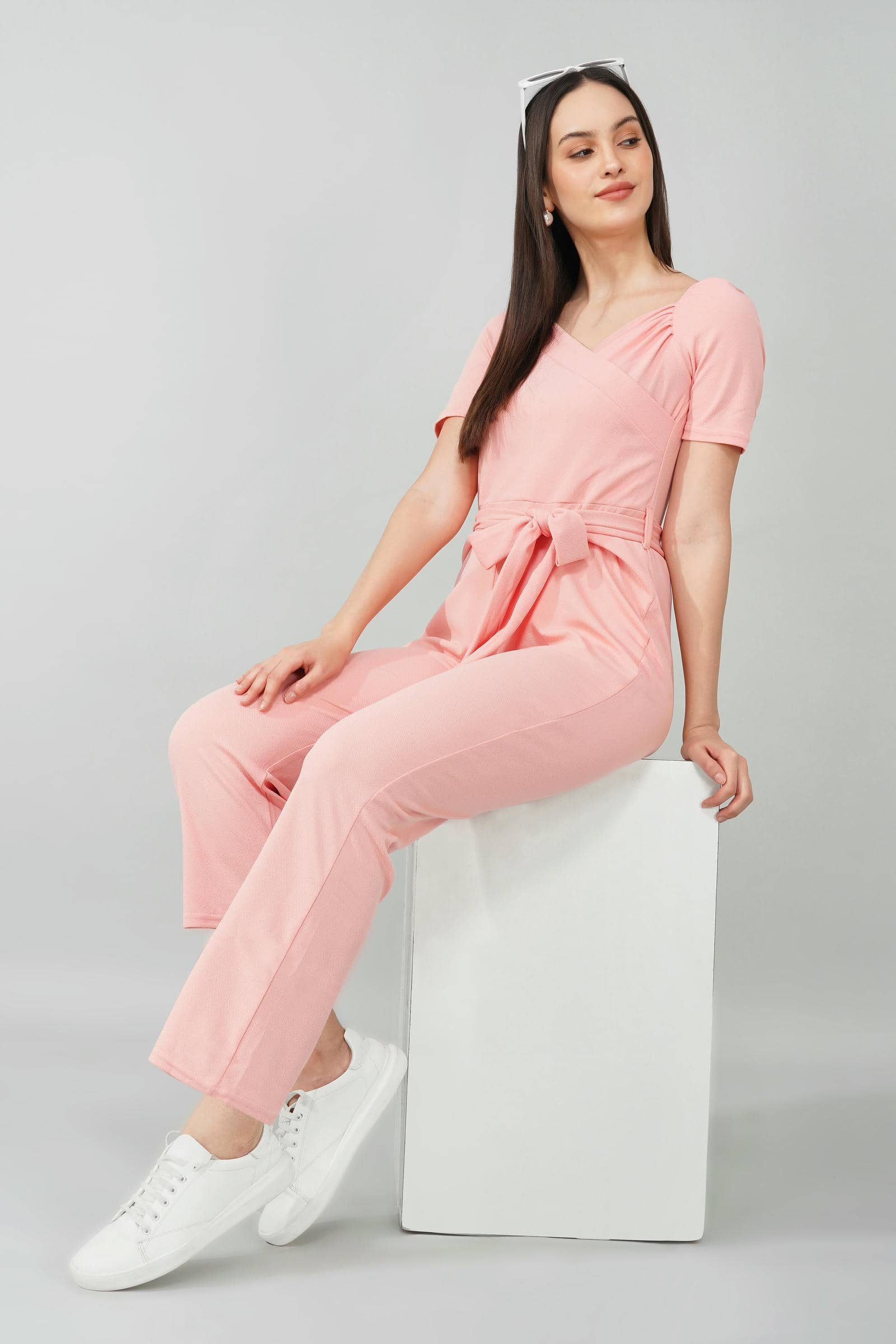 Blush Pink Puff-Sleeve Wrap Jumpsuit