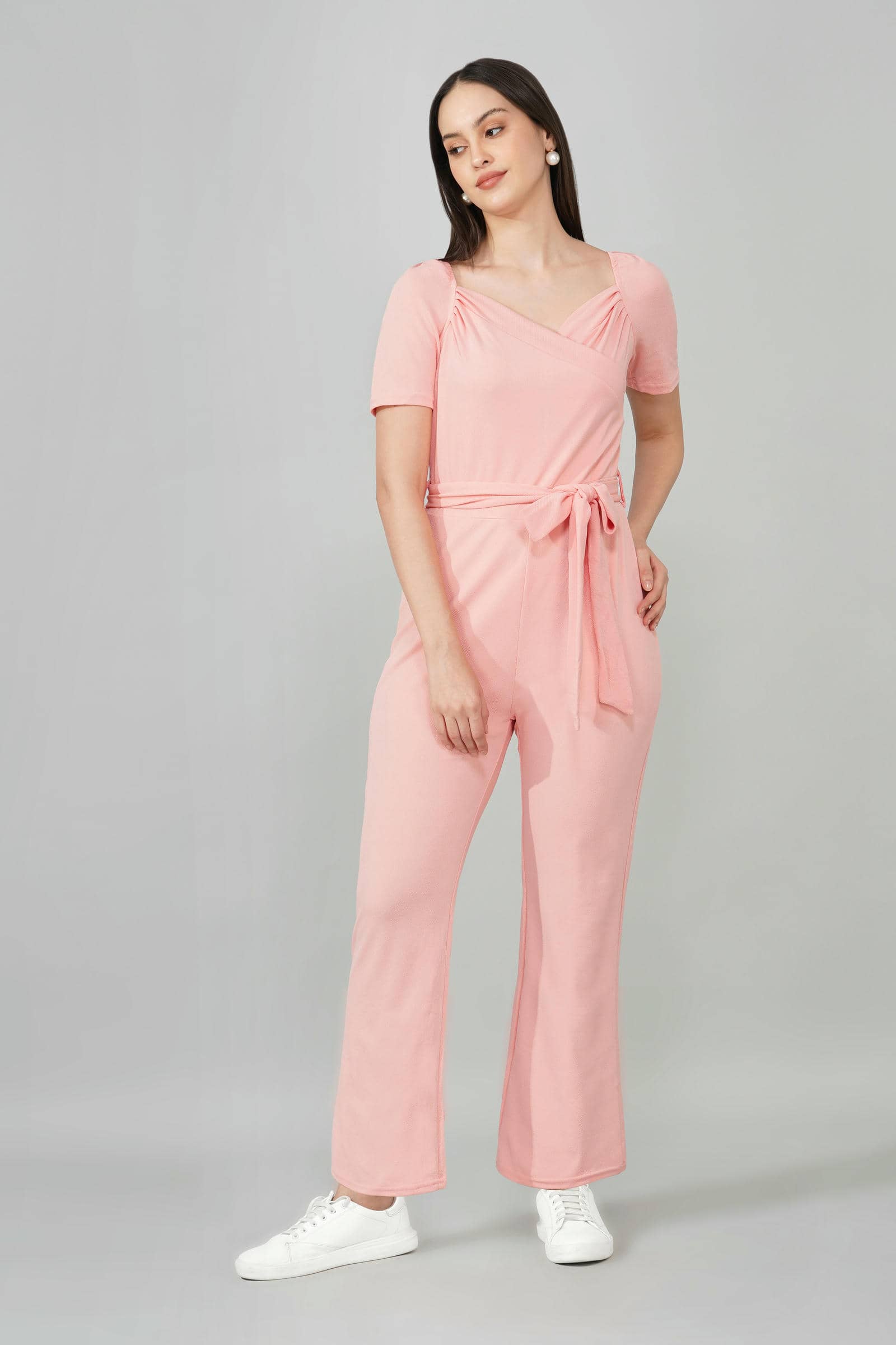 Blush Pink Puff-Sleeve Wrap Jumpsuit