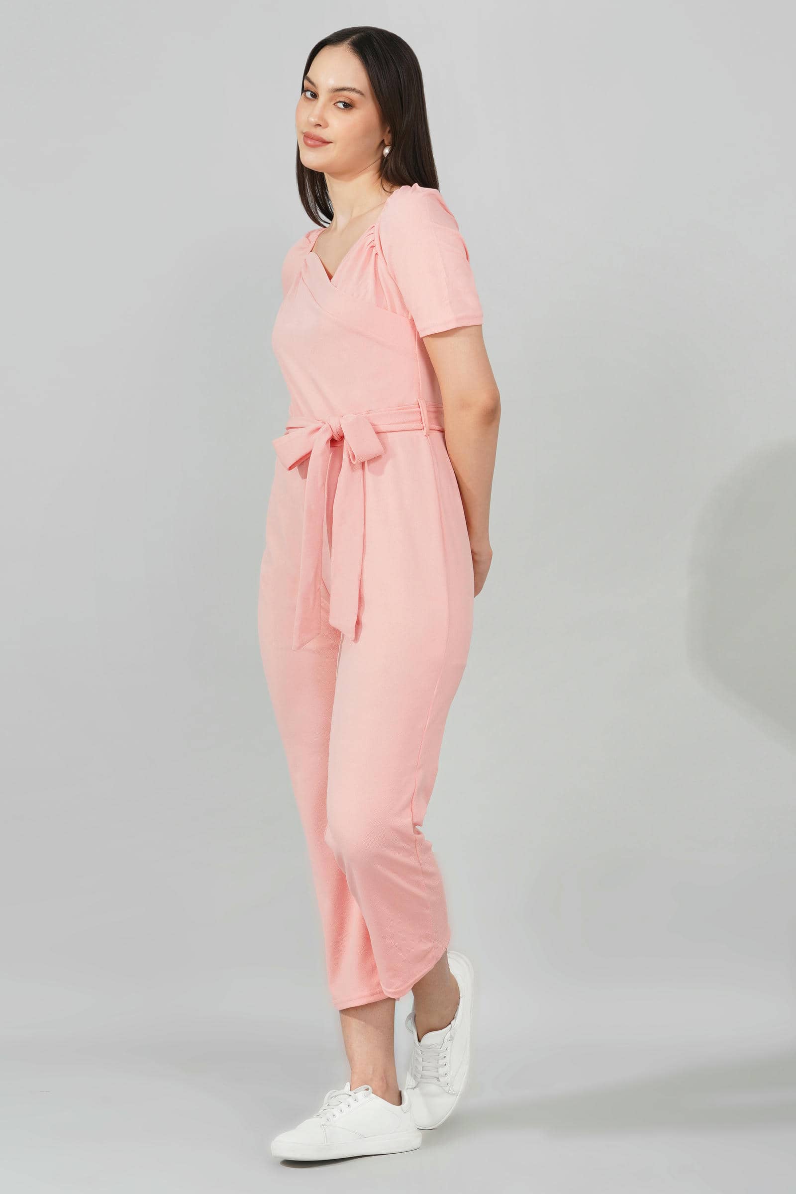 Blush Pink Puff-Sleeve Wrap Jumpsuit