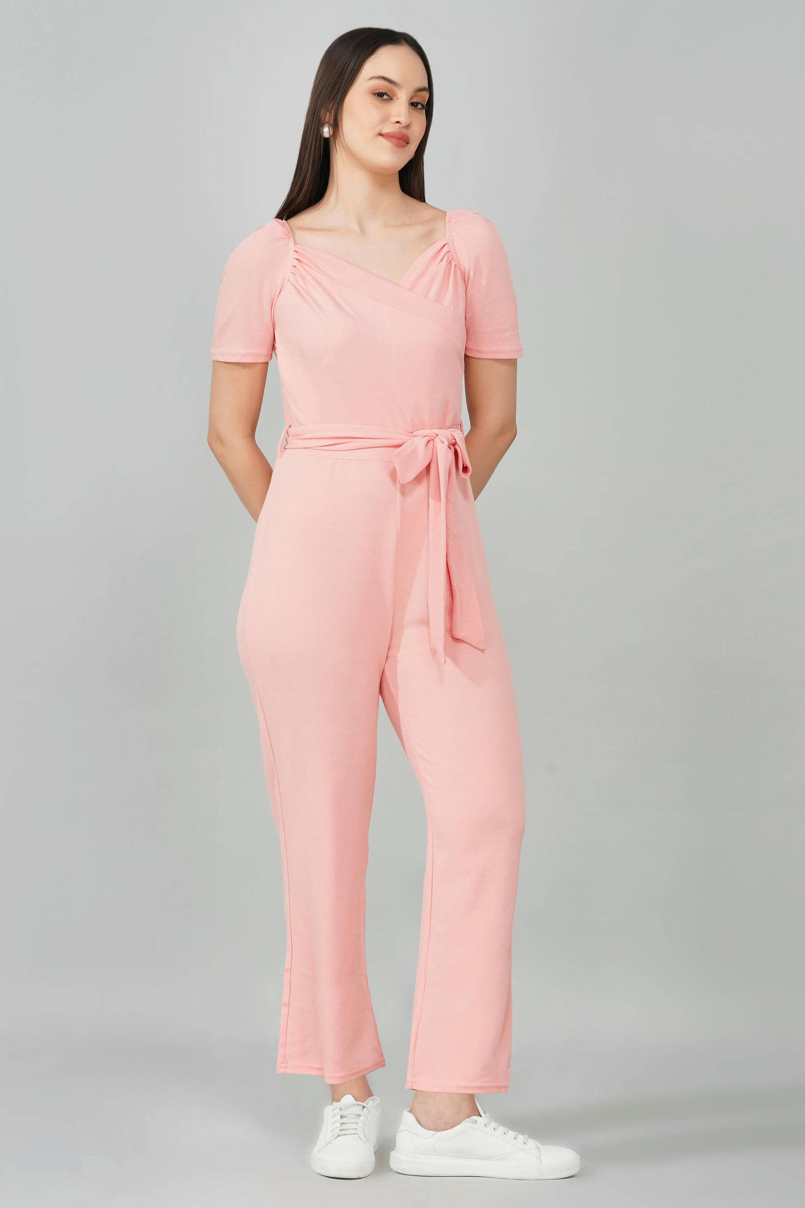 Blush Pink Puff-Sleeve Wrap Jumpsuit