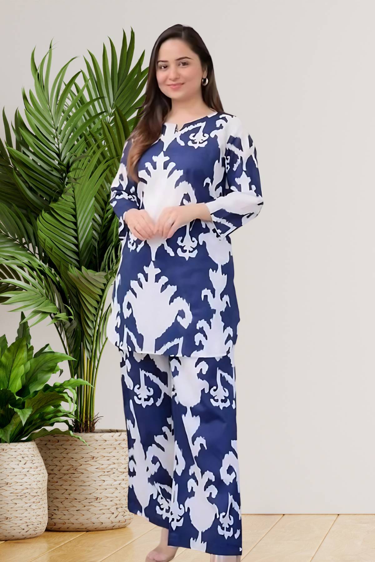 Navy Blue & White Abstract Printed Co-ord Set