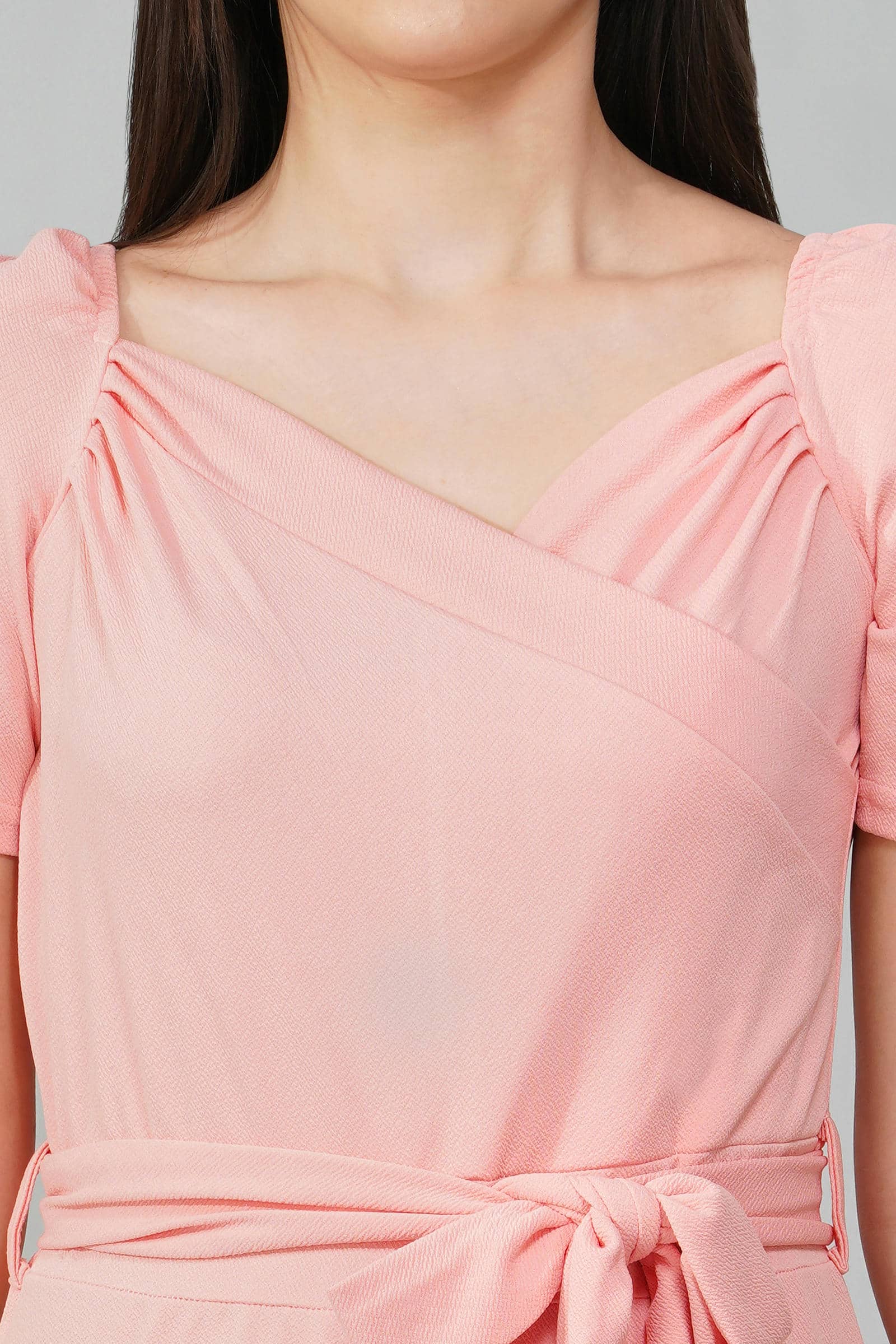 Blush Pink Puff-Sleeve Wrap Jumpsuit