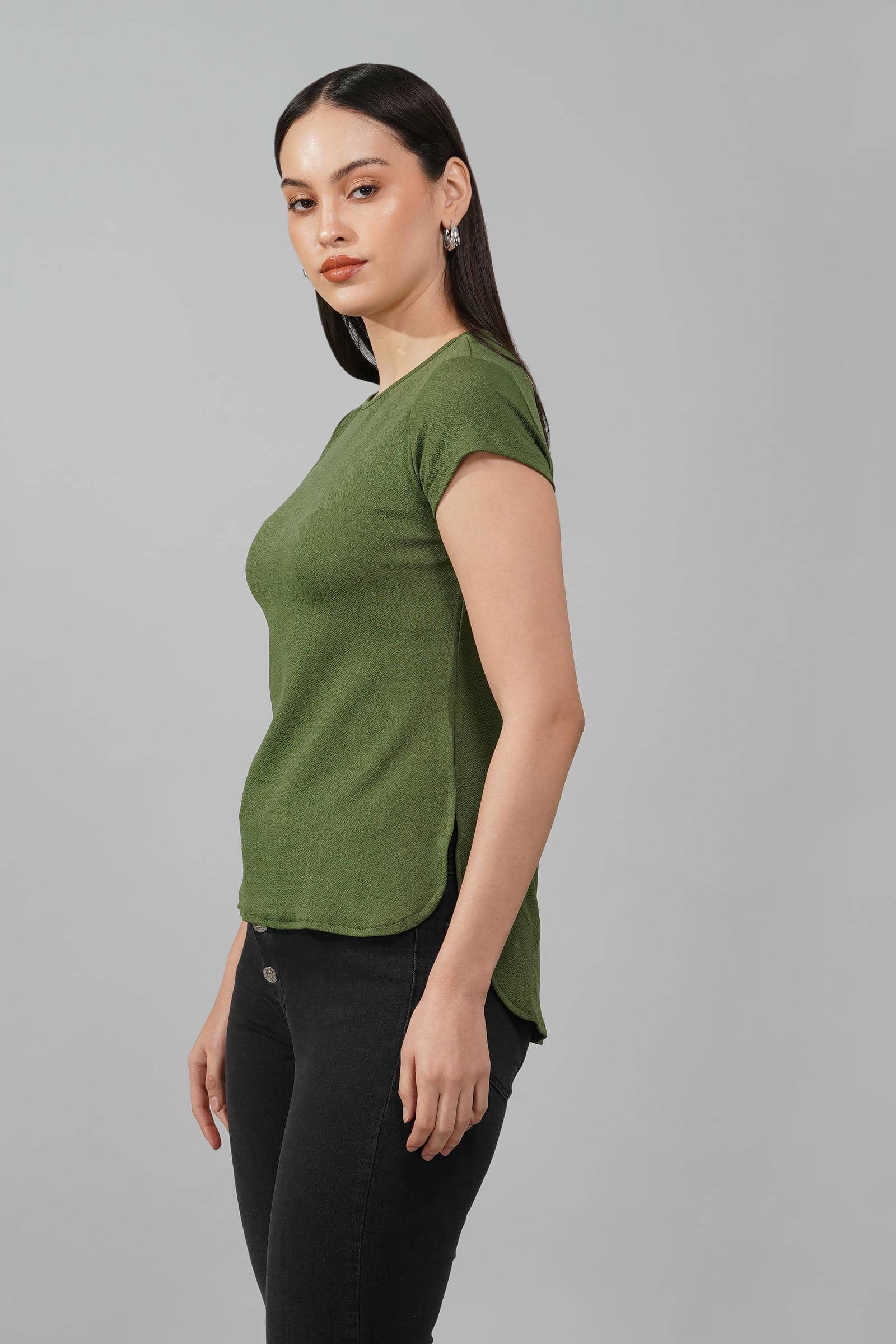 Green Casual Round Neck Top