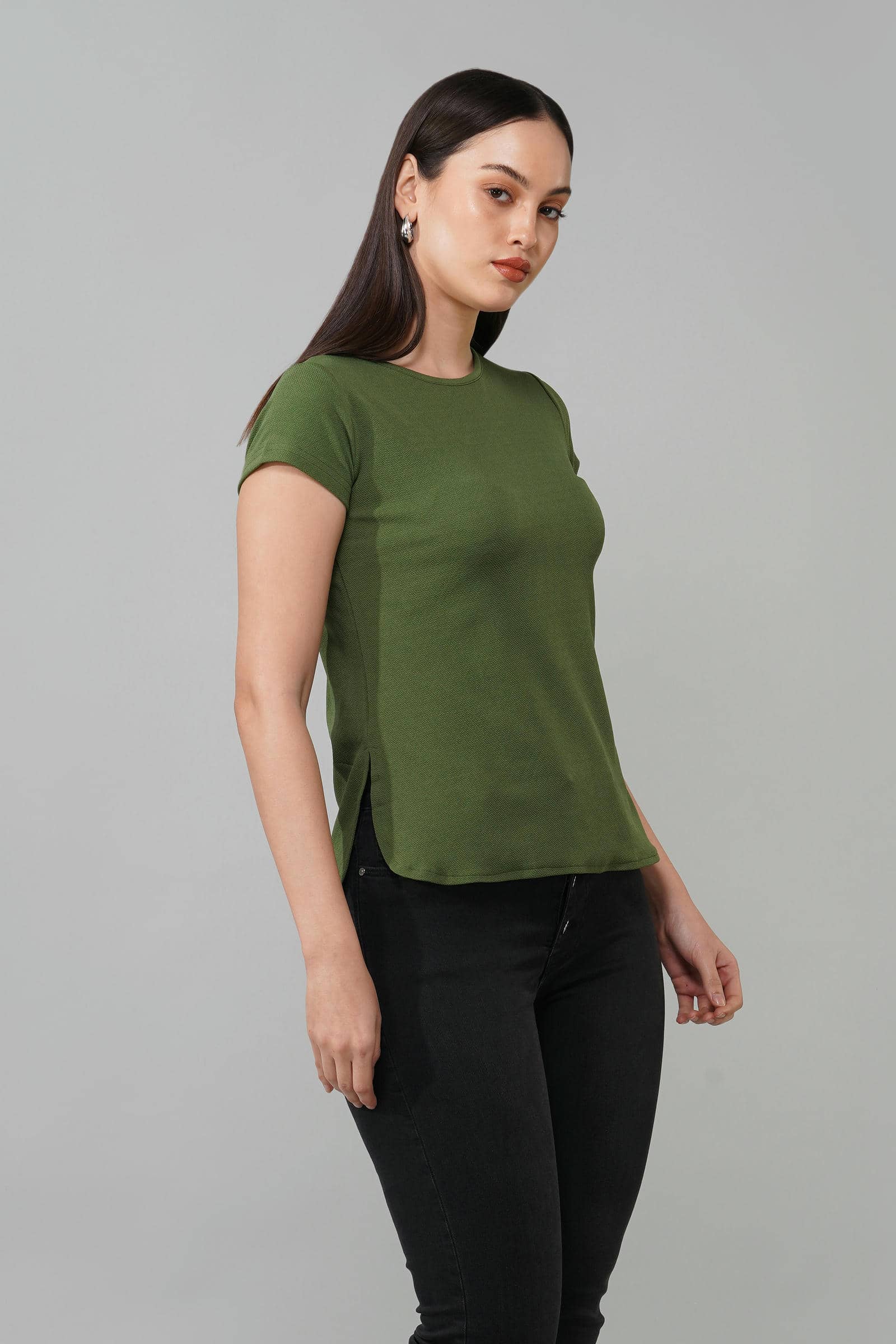 Green Casual Round Neck Top