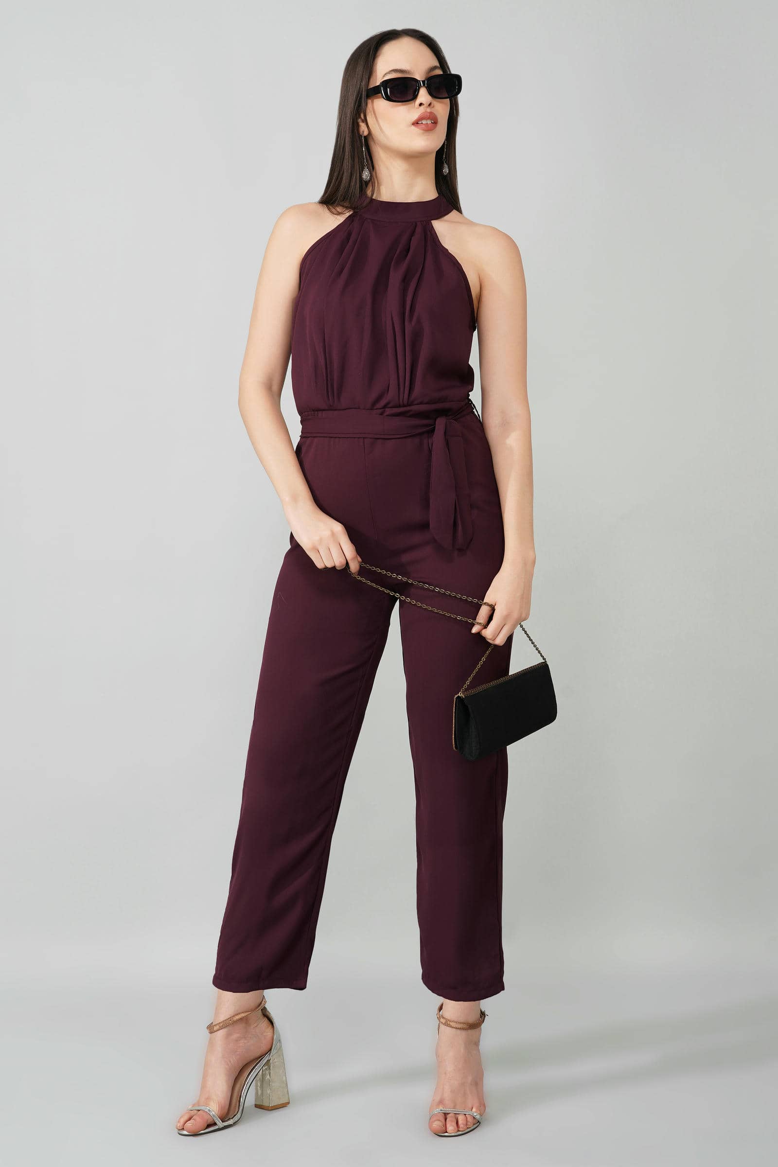 Wine High Neck Belted Jumpsuit