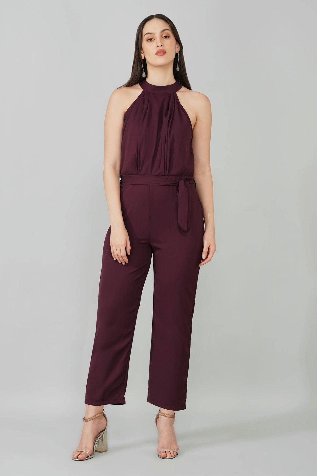 Wine High Neck Belted Jumpsuit