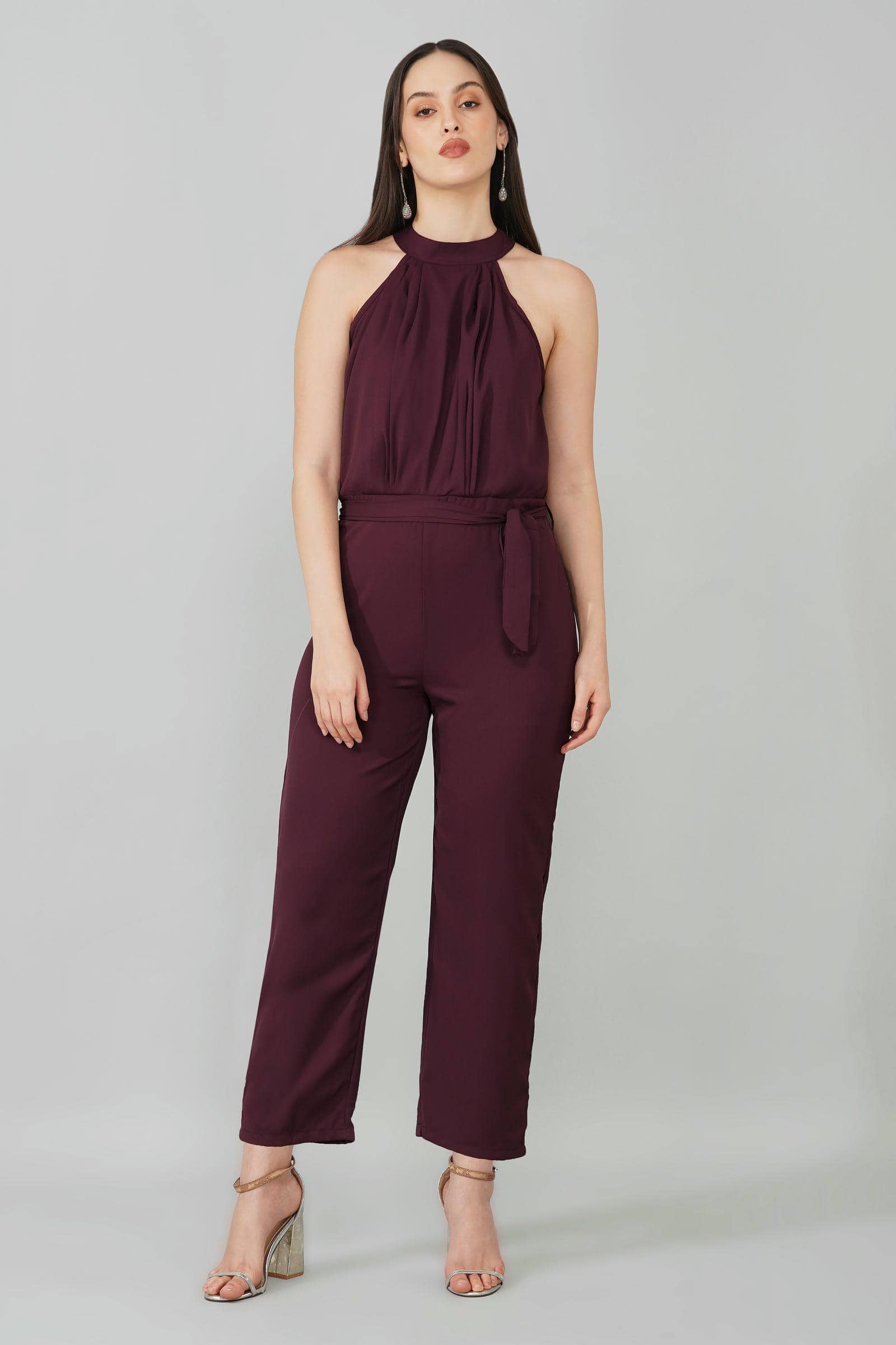 Wine High Neck Belted Jumpsuit