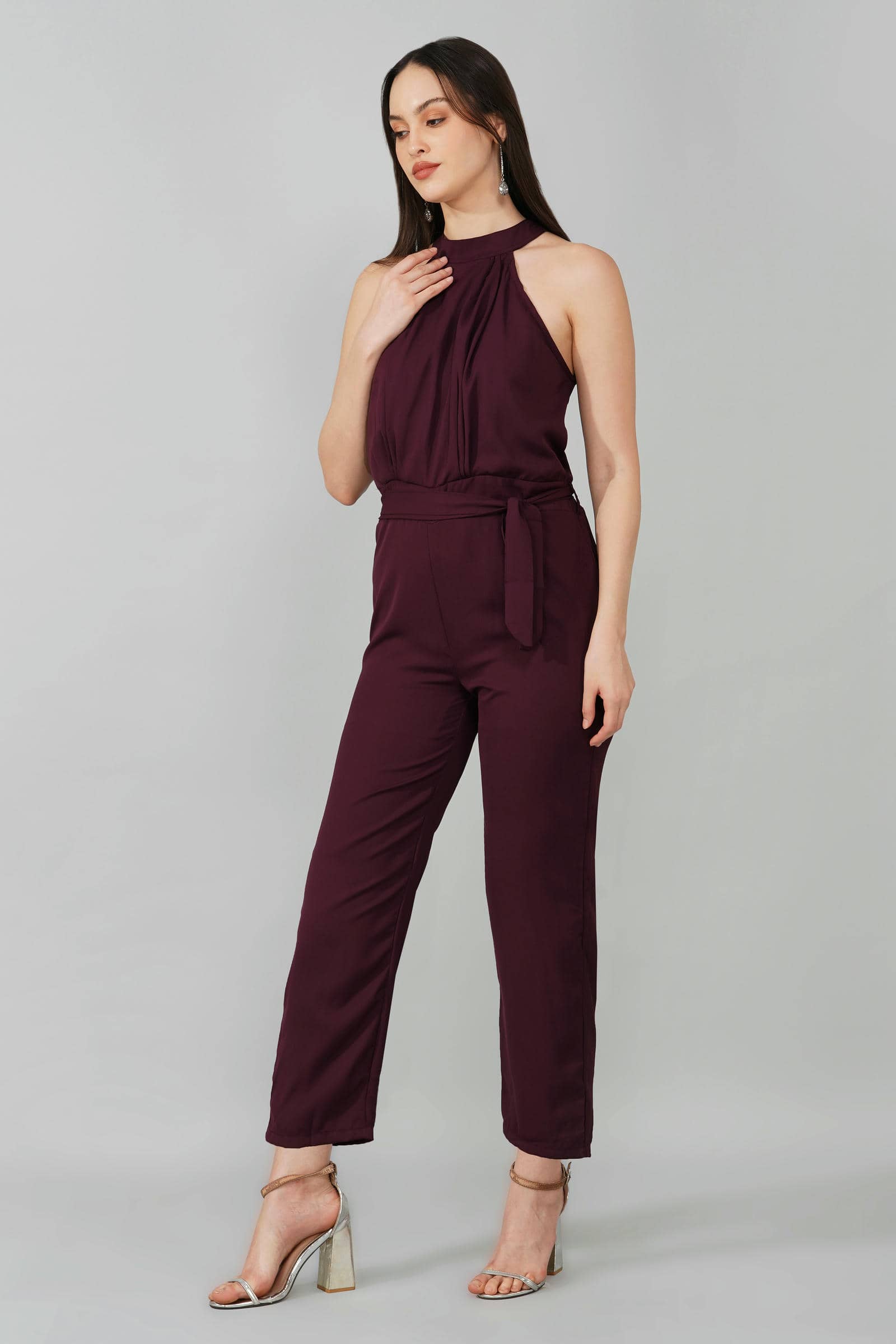 Wine High Neck Belted Jumpsuit