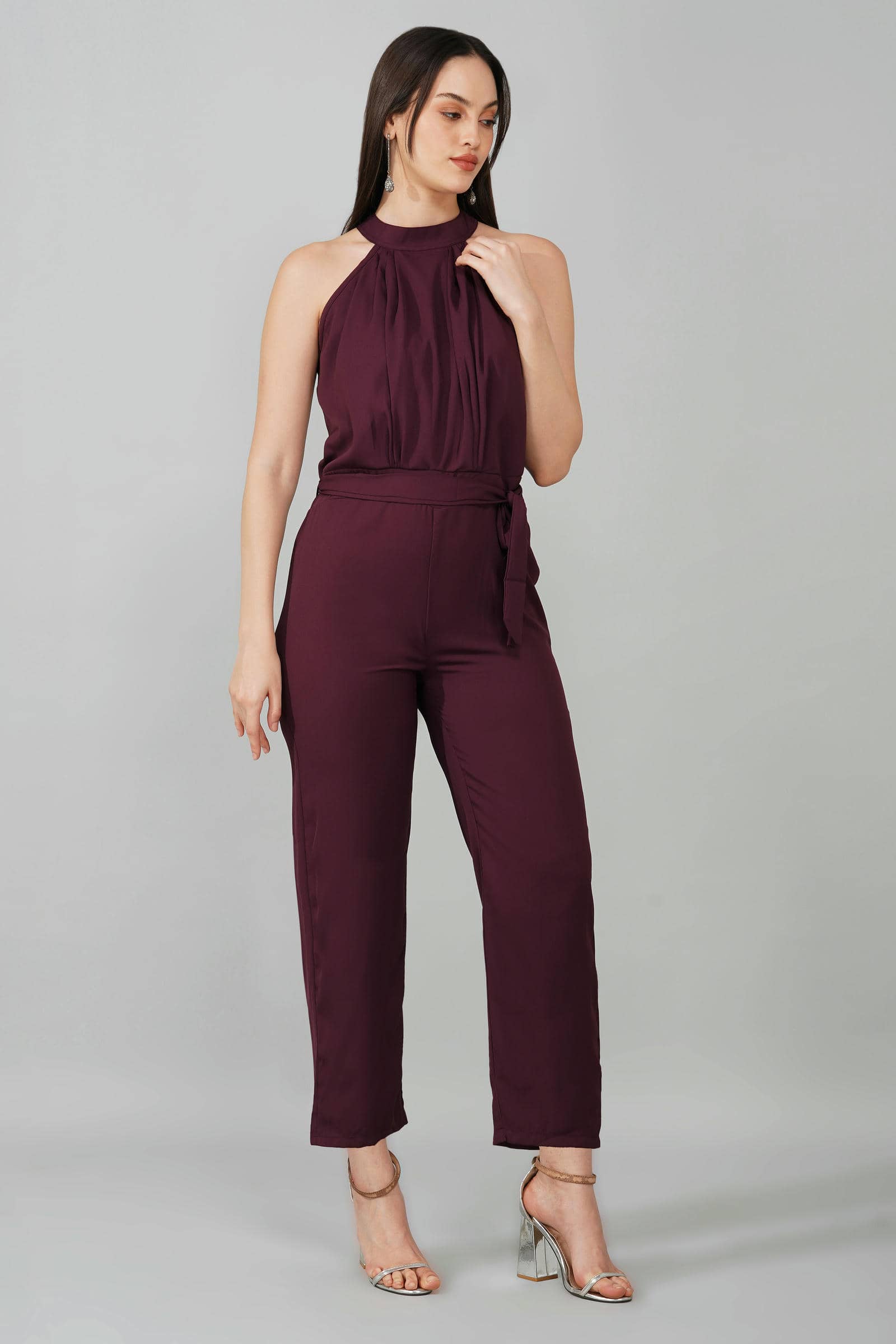 Wine High Neck Belted Jumpsuit
