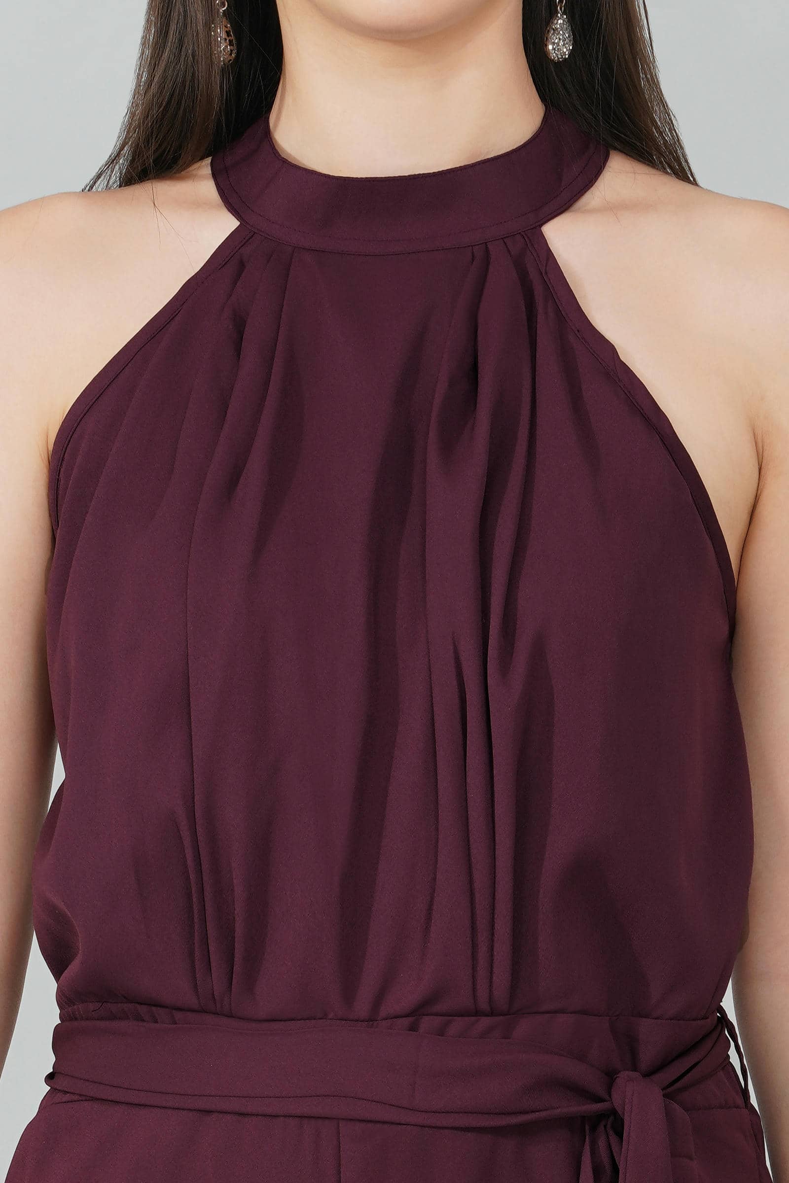 Wine High Neck Belted Jumpsuit