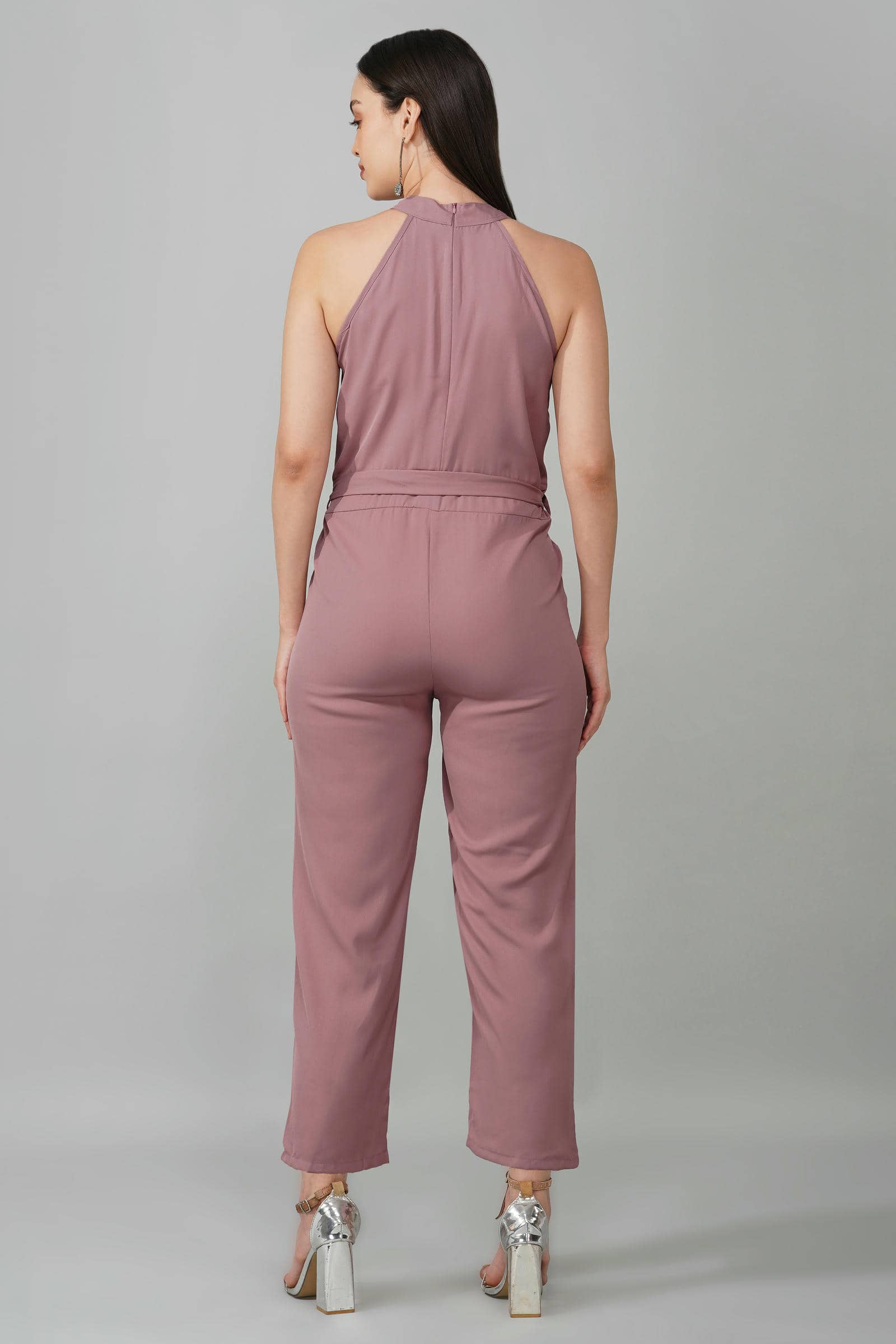 Dusty Pink High Neck Belted Jumpsuit