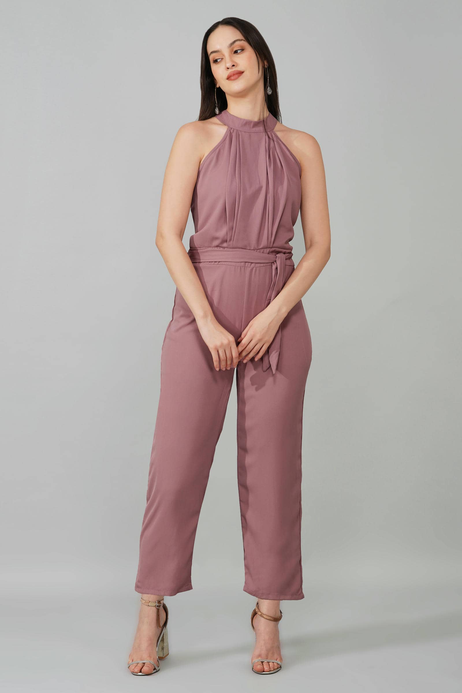 Dusty Pink High Neck Belted Jumpsuit