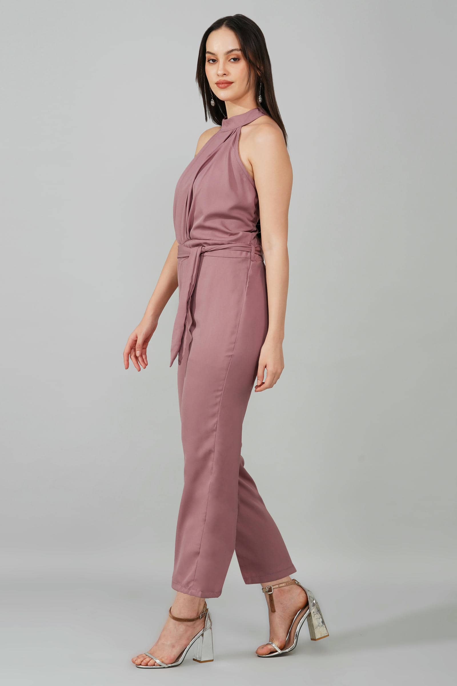 Dusty Pink High Neck Belted Jumpsuit