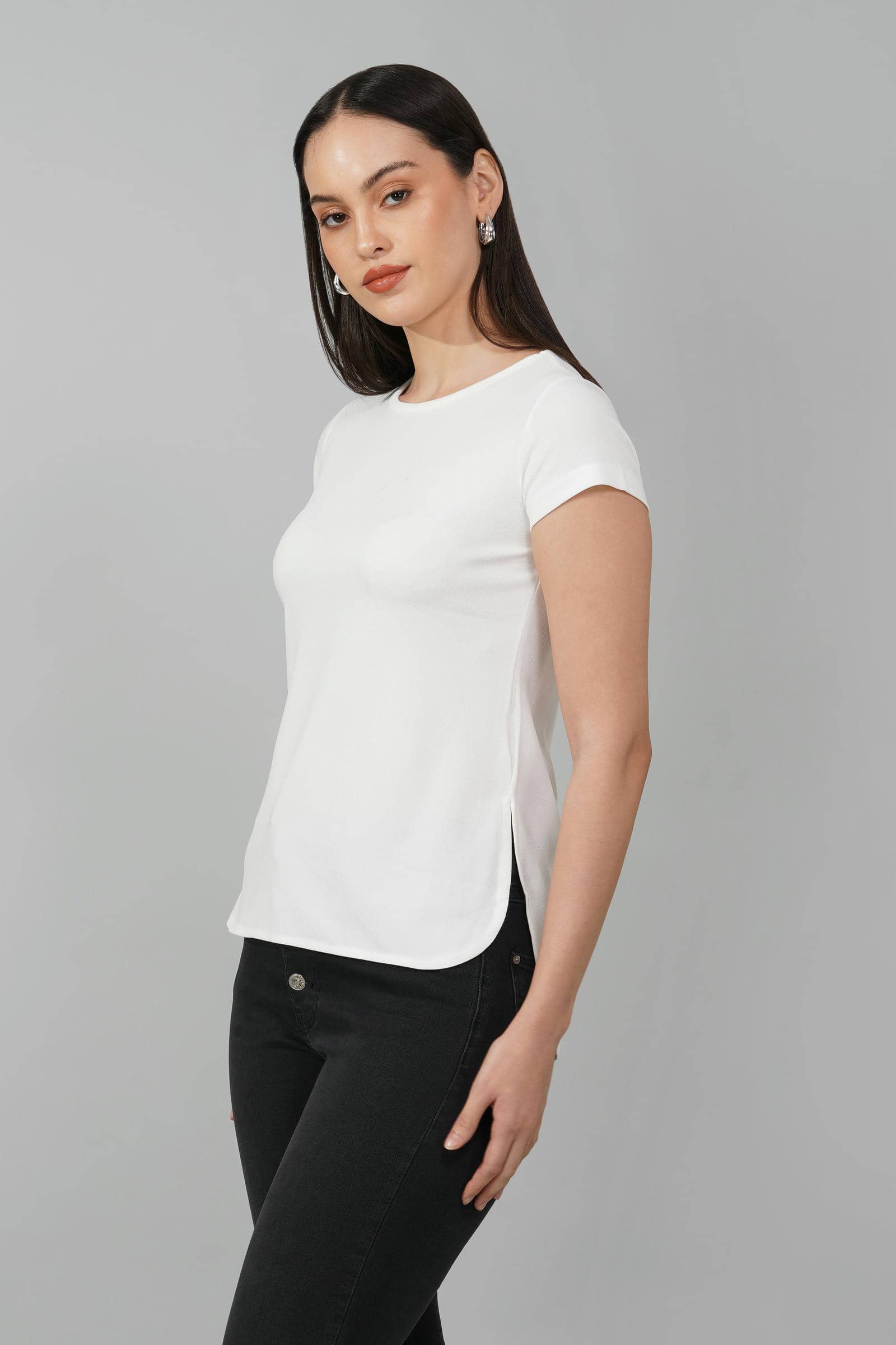 White Casual Round Neck Top