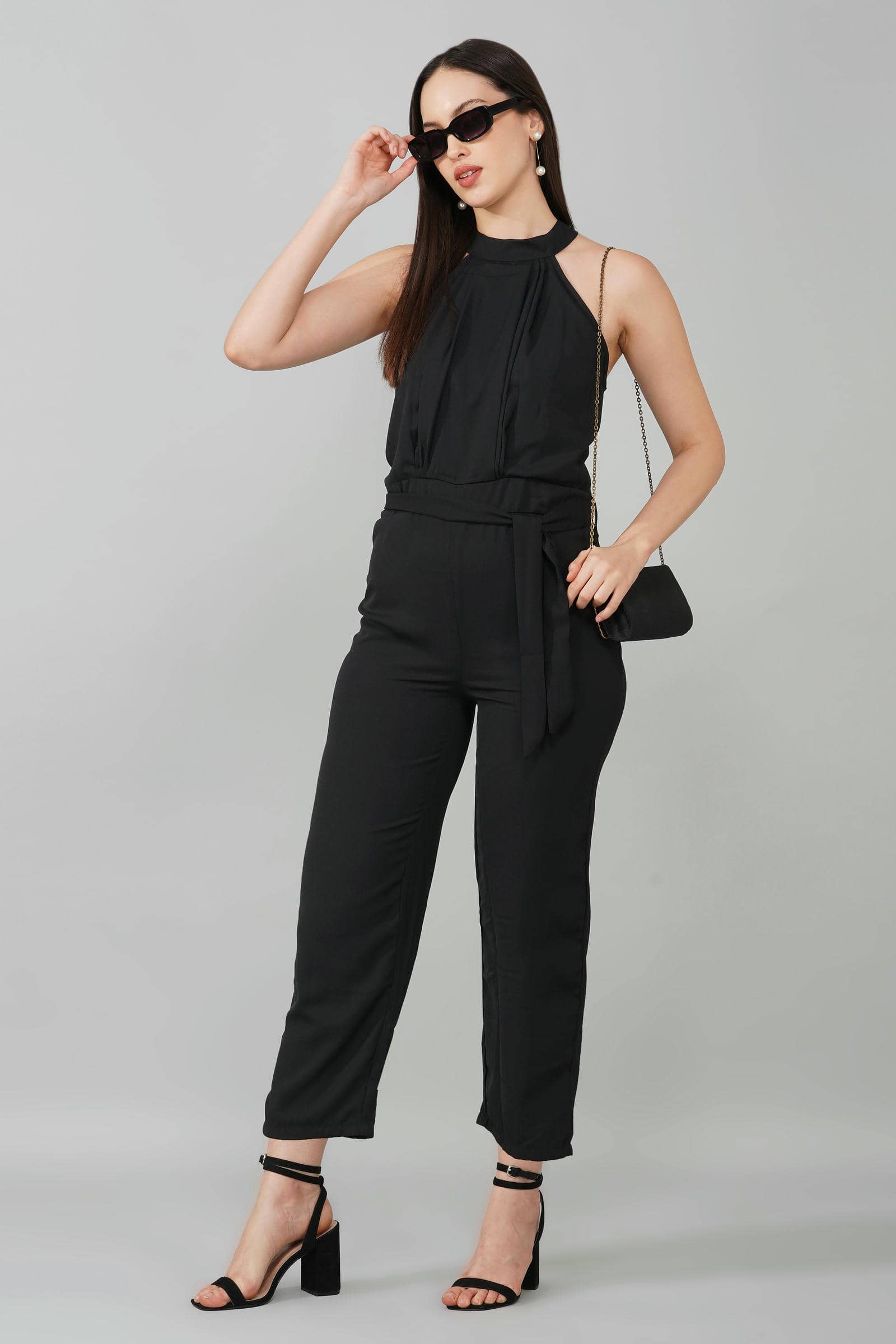 Black High Neck Belted Jumpsuit
