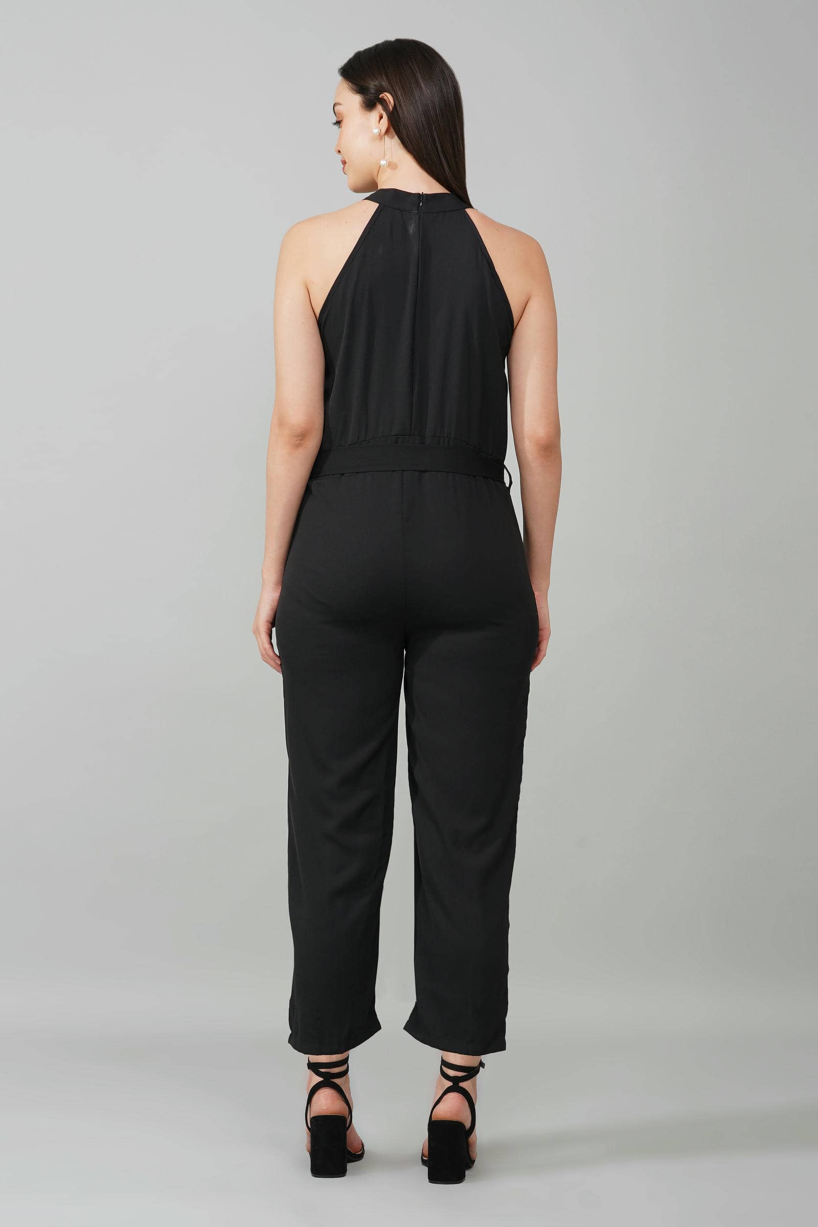 Black High Neck Belted Jumpsuit