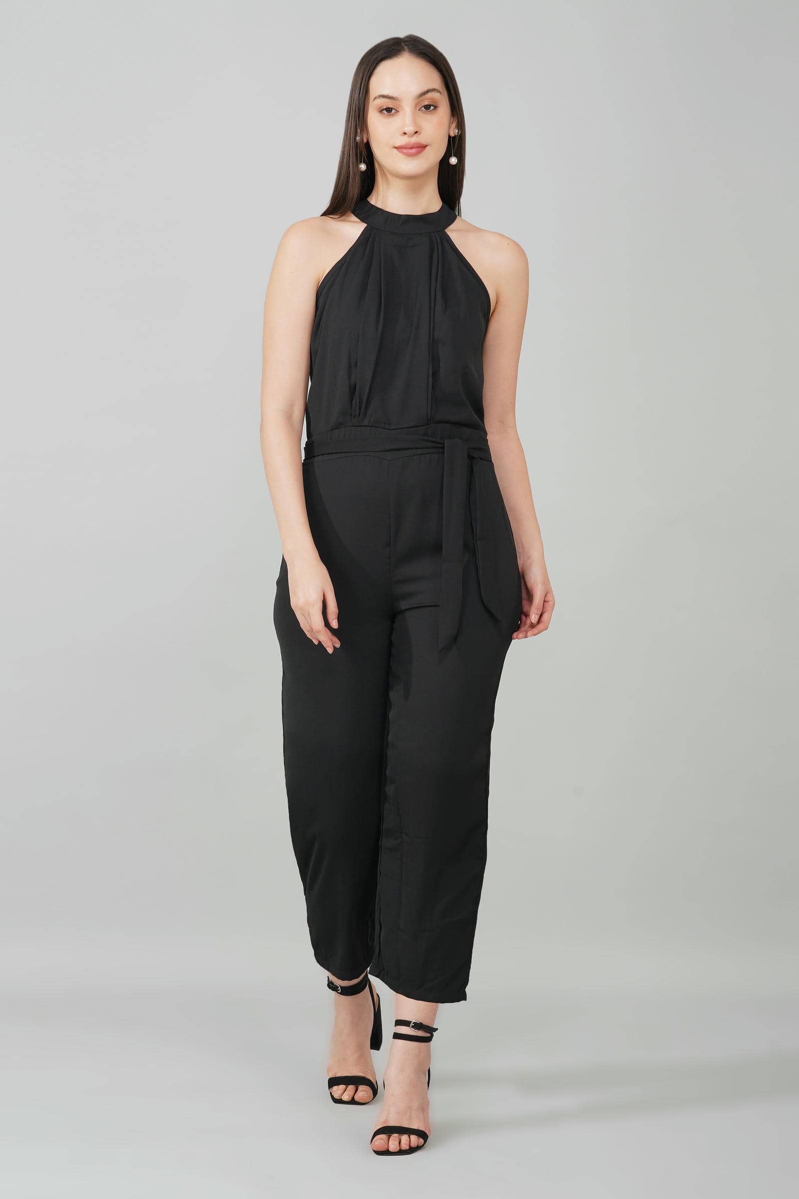 Black High Neck Belted Jumpsuit