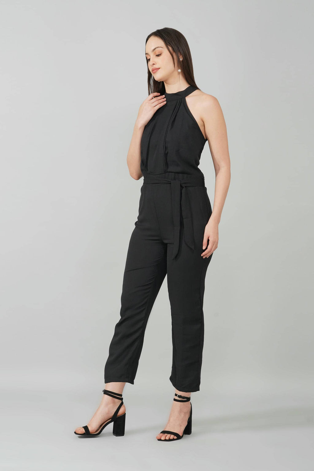 Black High Neck Belted Jumpsuit