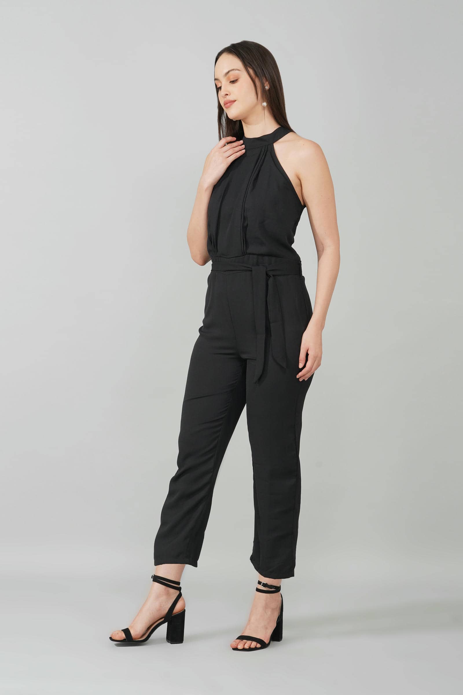 Black High Neck Belted Jumpsuit