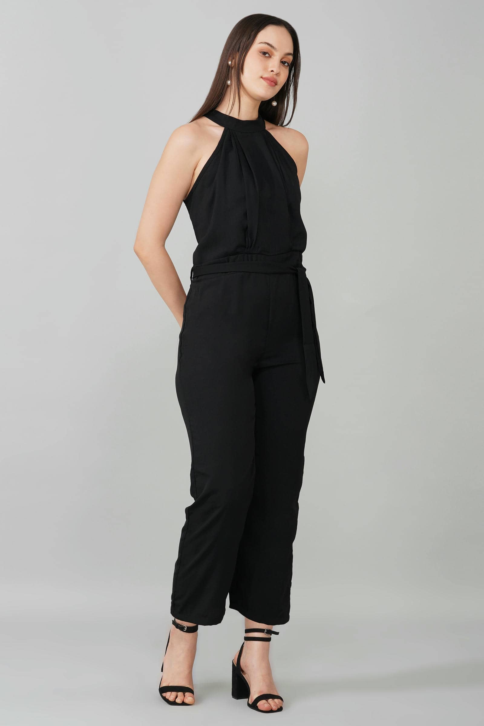 Black High Neck Belted Jumpsuit