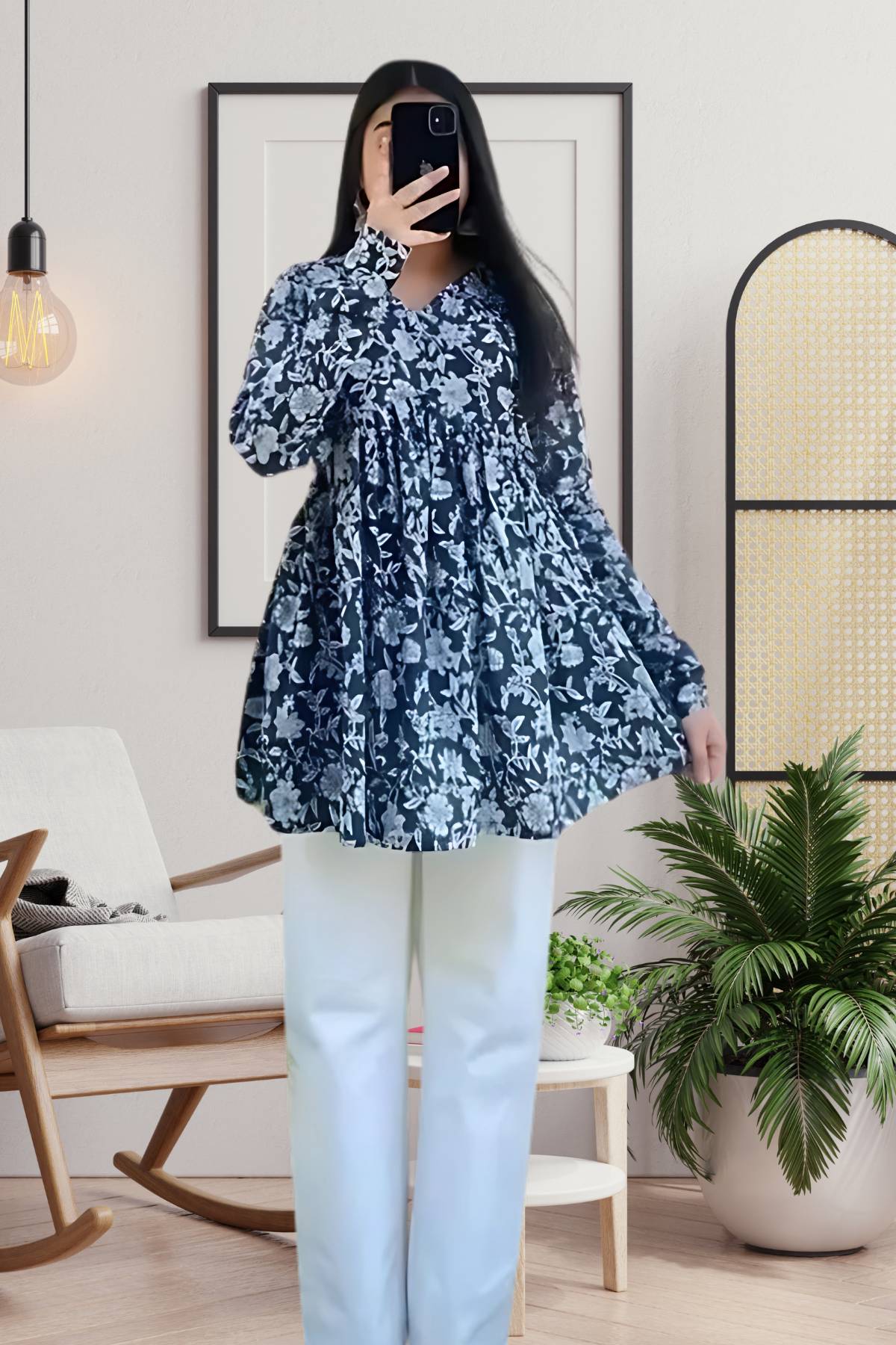 Navy Blue & White Floral Flared Top