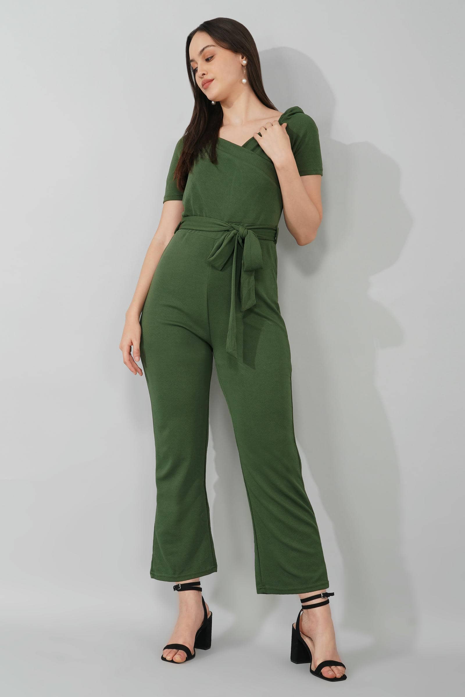 Olive Green Puff-Sleeve Wrap Jumpsuit